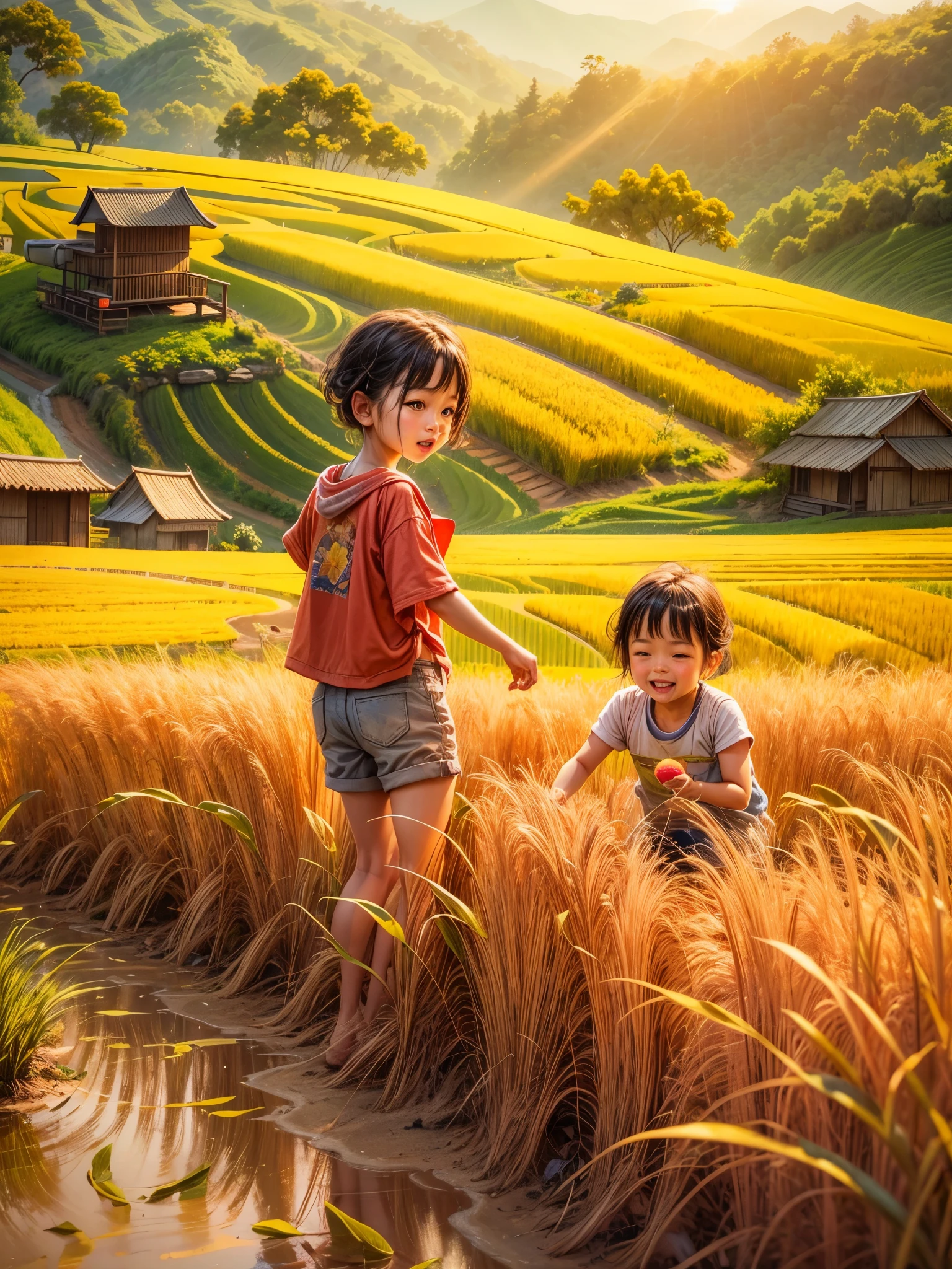 （best quality，8k，high resolution，masterpiece），Super detailed，（1.4x more realism），summer,Sunlight,beautiful toddler,golden rice fields,golden color,hapiness,children&#39;s laughter,Children playing in the rice fields,Cicada chirping,Beautiful scenery,HDR,ultra high definition,studio lighting,Super fine,sharp focus,Rendering based on real objects,Extremely detailed description,major,Bright colors,blur background,Golden sunrise,peaceful,peaceful,golden light,golden hour,nature,nature之美