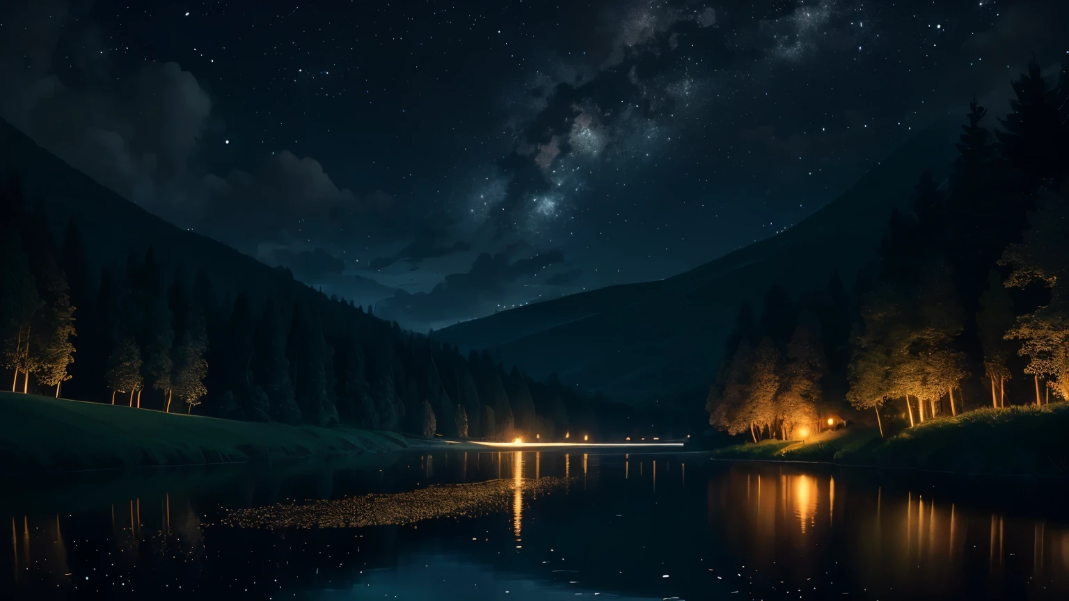 (best quality,4k,8k,highres,masterpiece:1.2),ultra-detailed,(realistic,photorealistic,photo-realistic:1.37),peaceful river,low exposure,lush greenery,firefly,summer night,reflection,serene moonlit,crickets' chorus,dark silhouette,magical atmosphere,gentle breeze,romantic atmosphere,vibrant nature,calm water surface,whispering leaves,sparkling stars,illuminated by moonlight,tranquil setting,majestic trees,twinkling fireflies,warm summer air,mysterious shadows,dreamy serenity,nocturnal beauty,ethereal ambiance,floating firefly lights,distant twinkling lights,soft glowing moonbeams,calming nocturne,magical shimmering,enticing mystery,nighttime enchantment,glowing firefly dance,serene summer symphony,peaceful serenade