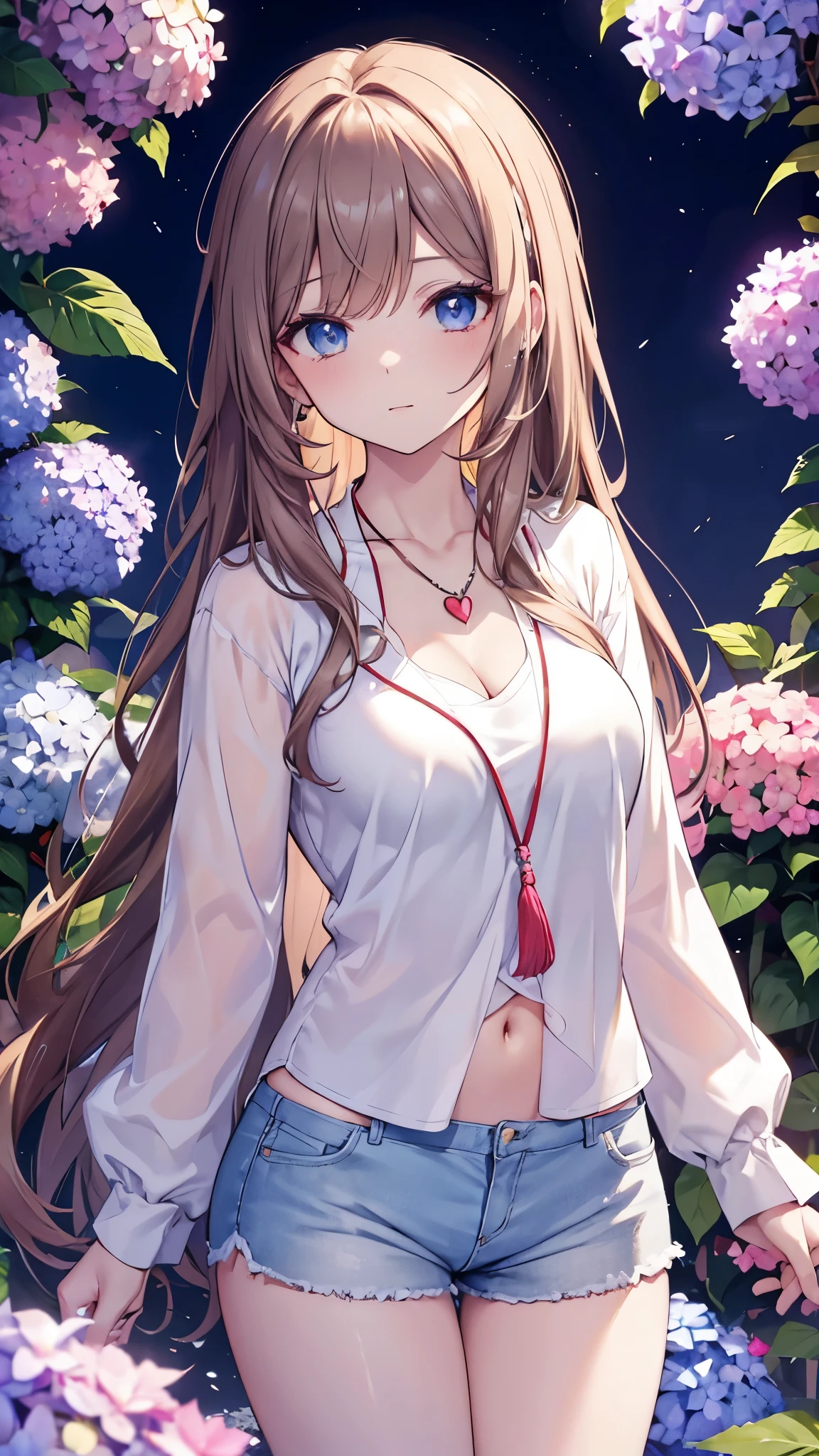 4k, June scenery, beautiful women, white long hair, brown hair, medium breasts, e blue eyes, white shirt, hot pants, neon red heart necklace, looking at the viewer, night, colorful hydrangeas