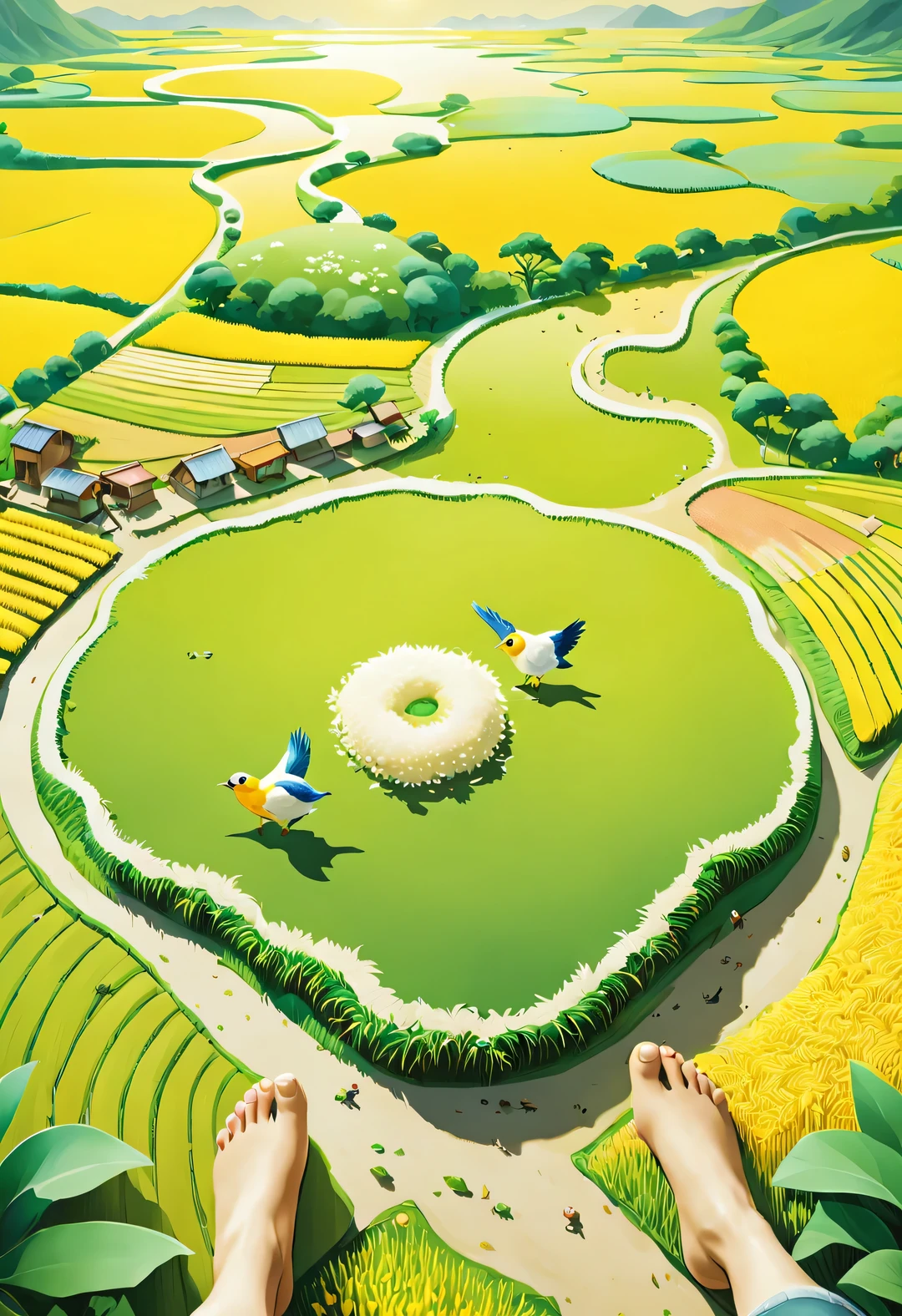 Aerial View的 3D 渲染,(2 lovely fat cartoon Foot shape rice fields: 0.85), toes are yellow, soles are green, Foot shape, green, yellow, gradient color, path, children, sheep, ox, breeze blows, Rice swaying in the wind, Sunlight, happy atmosphere, National Geographic National Geographic Striped Circles and Shapes Striped Circles and Shapes Annie Leibovitz Annie Leibovitz,Imagined,Imaginative,Japanese cartoons,kawaii,romantic atmosphere,high detail,watercolor painting,palette knife painting,comics,artwork,Pixar style,cartoon style,Aerial View,Aerial view,Dramatic lighting - original style