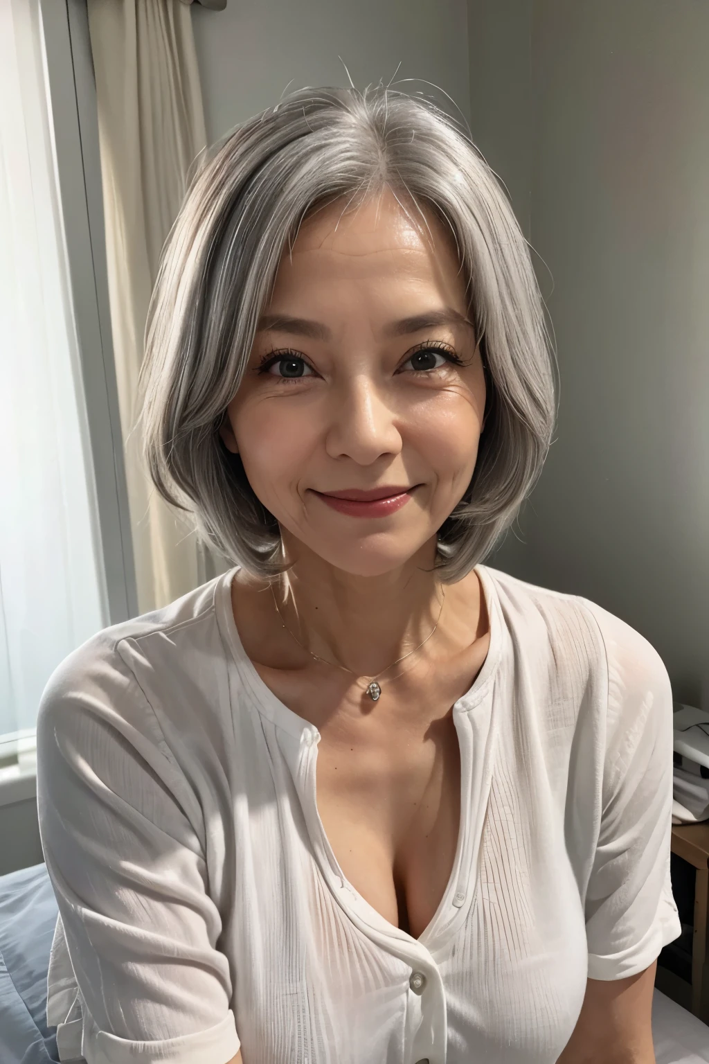 65 years old,gray hair,(there are many wrinkles on her face:1.2),(There are many wrinkles on her chest1.2),old woman,white shirt,Bedroom,smile