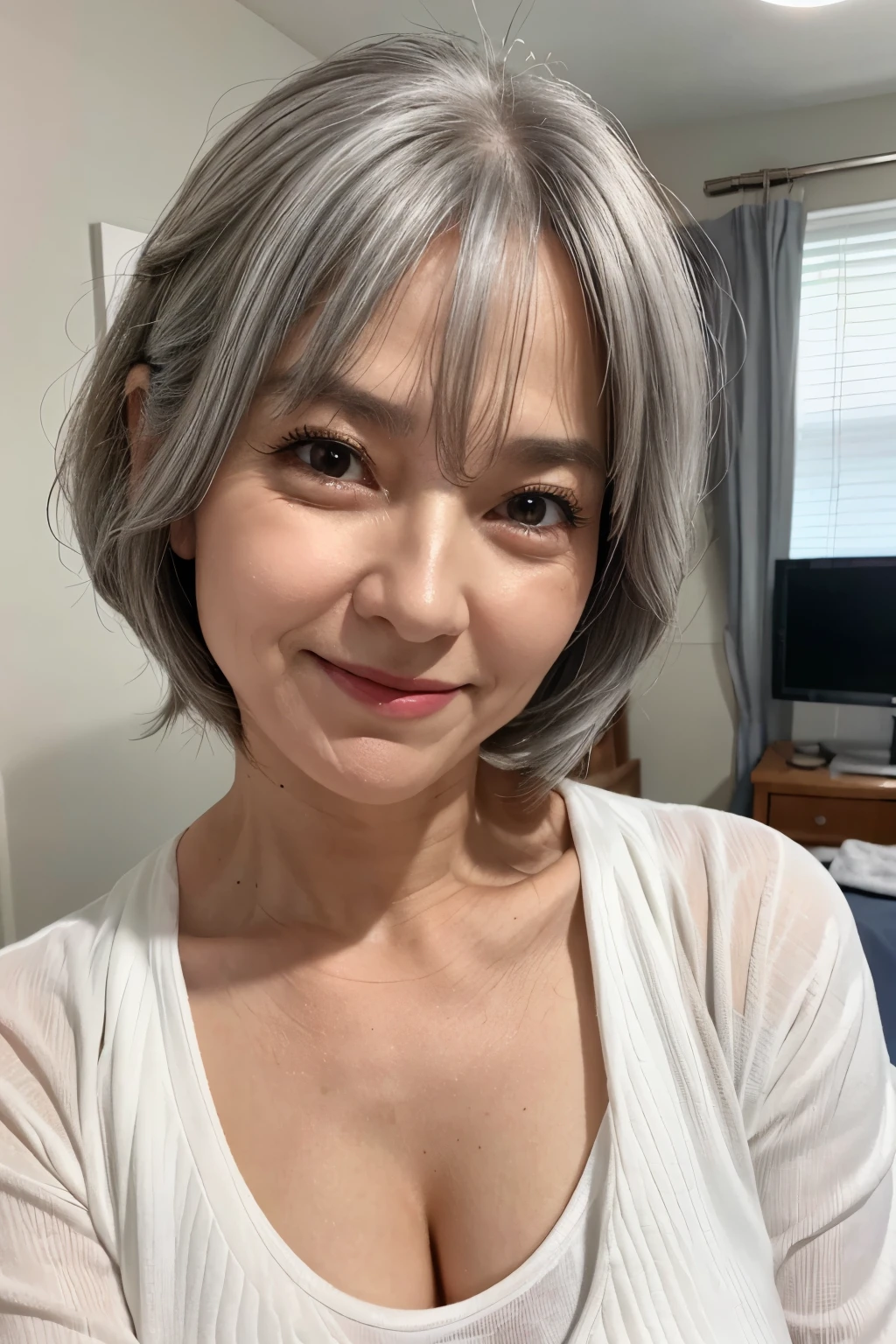 65 years old,gray hair,(there are many wrinkles on her face:1.2),(There are many wrinkles on her chest1.2),old woman,white shirt,Bedroom,smile