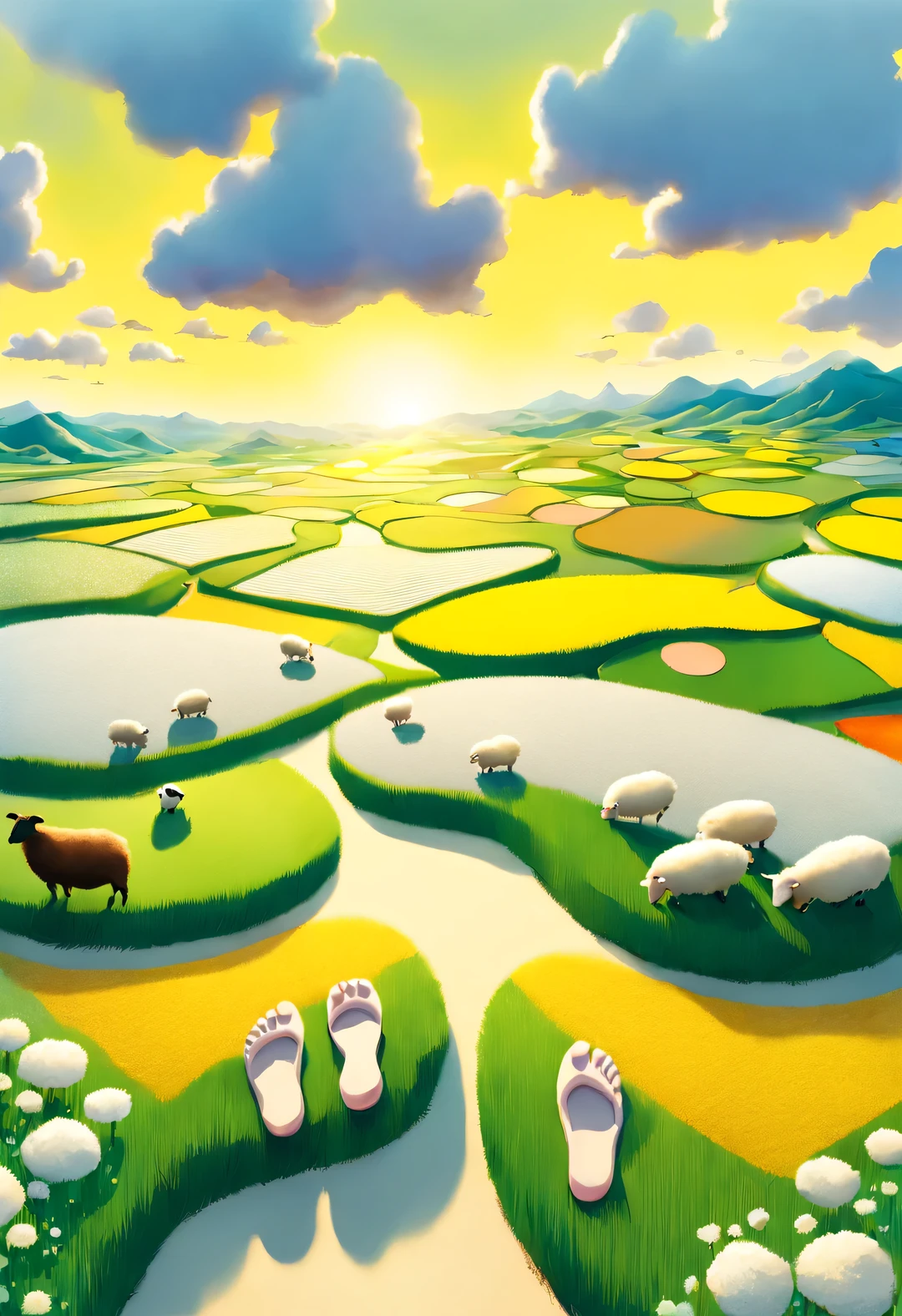 Aerial View的 3D 渲染,(2 lovely fat cartoon Foot shape rice fields: 0.85), toes are yellow, soles are green, Foot shape, green, yellow, gradient color, path, children, sheep, ox, breeze blows, Rice swaying in the wind, Sunlight, happy atmosphere, National Geographic National Geographic Striped Circles and Shapes Striped Circles and Shapes Annie Leibovitz Annie Leibovitz,Imagined,Imaginative,Japanese cartoons,kawaii,romantic atmosphere,high detail,watercolor painting,palette knife painting,comics,artwork,Pixar style,cartoon style,Aerial View,Aerial view,Dramatic lighting - original style