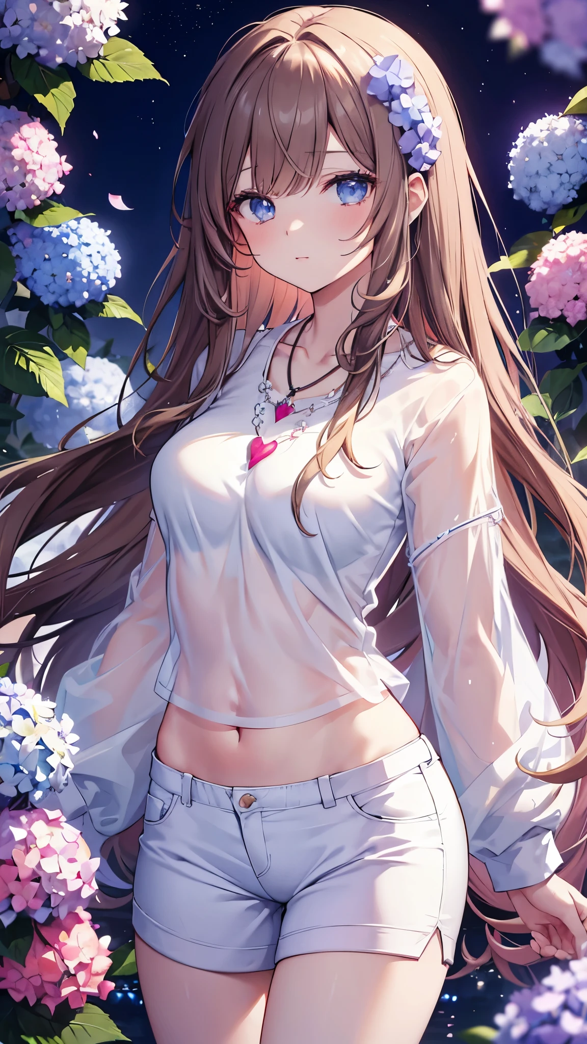 4k, June scenery, beautiful women, white long hair, brown hair, medium breasts, e blue eyes, white shirt, hot pants, neon red heart necklace, looking at the viewer, night, colorful hydrangeas
