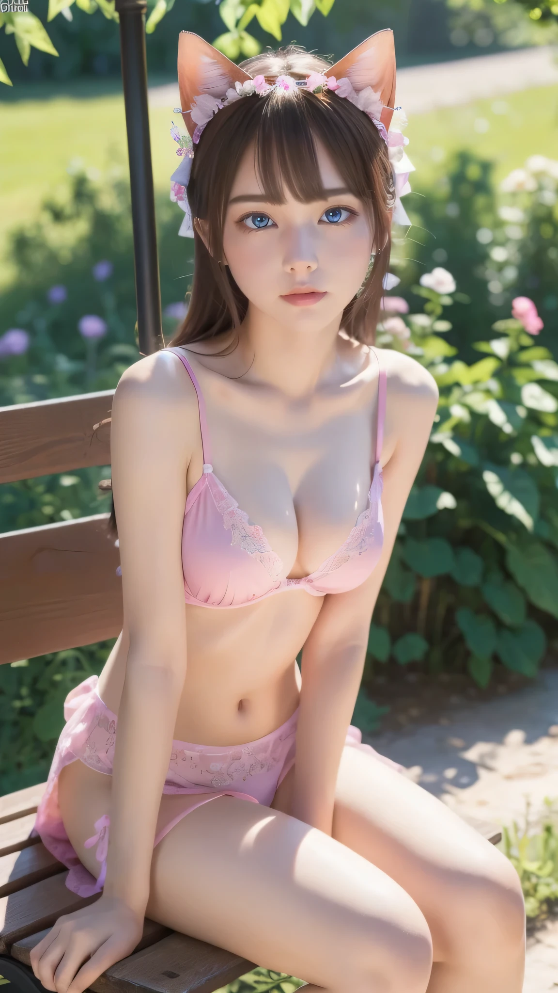 absurd, super detailed,bright colors,(8k:1.5),Masseter muscle part,very beautiful detailed face and eyes,(anthropomorphic cat:1.3)、valley、pink skin、summer morning、Ghibli,Random pose sitting on a bench,summer country road
