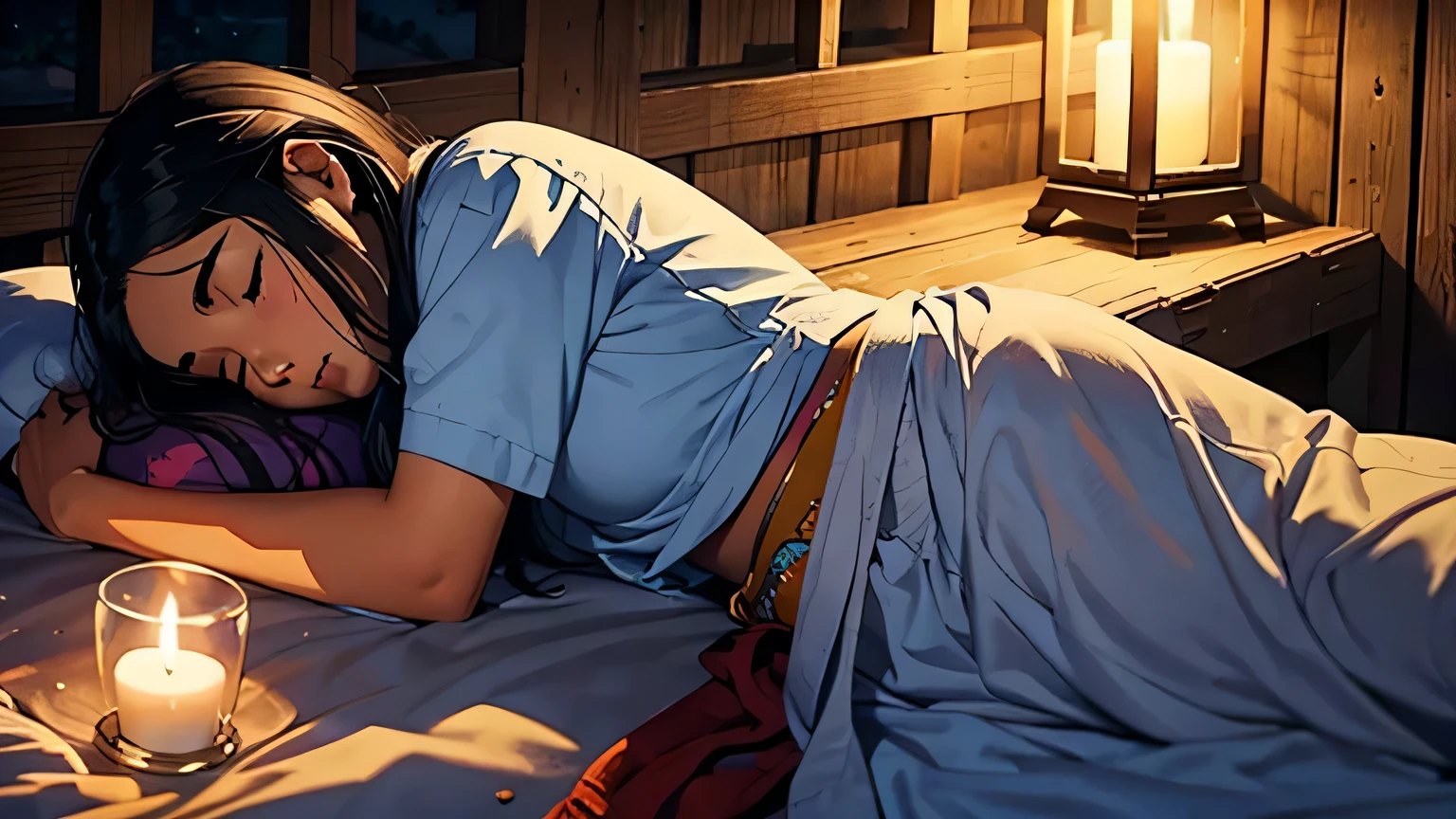 Maya, a 18-year-old girl from Indian village, sleeping in the night