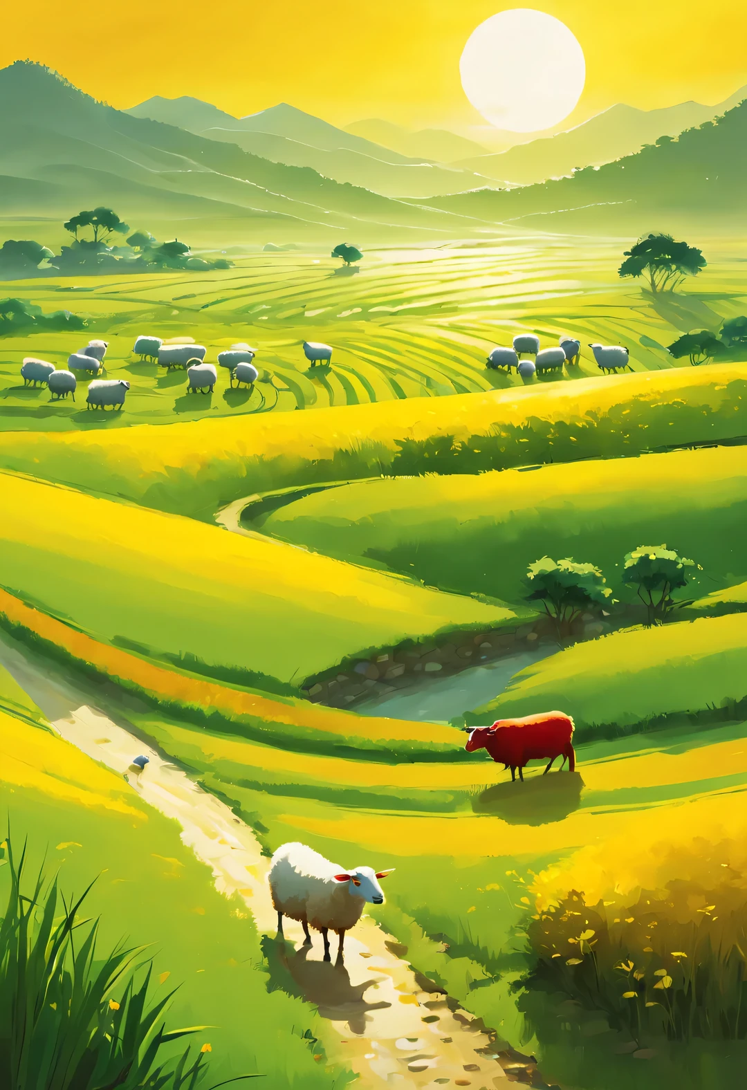 best quality, 4k, 8k, high level, masterpiece: 1.2, Super detailed, actual: 1.37, (Endless rice fields), a little girl ，double contact，blue sky, dreamy atmosphere, bright color palette, Vibrant shades, Impressionist brushstrokes, Subtle lighting effects ， sunset on the horizon, Peaceful and tranquil atmosphere, Harmony between nature and sky, textured brushstrokes, Abundant and vibrant crops, dusk atmosphere, Tranquil pastoral scenery, Glowing stars light up the night, creating a Peaceful and tranquil atmosphere, Peaceful and picturesque setting, Inspired by the style and techniques of Van Gogh. Sublime and atmospheric depiction, ethereal beauty, and fascinating celestial phenomena,