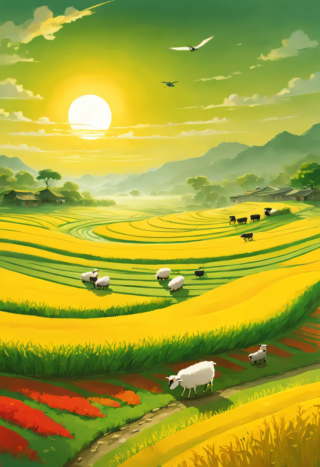 Bird's eye view digital art, paddy, green, yellow, Kaneko, curry, A little red, slope, path, children, sheep, ox, breeze blows, Rice swaying in the wind, Sunlight, happy atmosphere, National Geographic National Geographic, Circles and Rings Stripes Circles and Shapes Stripes, Annie Leibovitz Annie Leibovitz,A beautiful painting by Wassily Kandinsky,Imagined,Imaginative,Japanese cartoons,kawaii,romantic atmosphere,high detail,watercolor painting,palette knife painting,comics,artwork,Pixar style,cartoon style,Arte Guélan's artwork,Chinese painting,masterpiece,Line art,long shot,flashing light, --original style