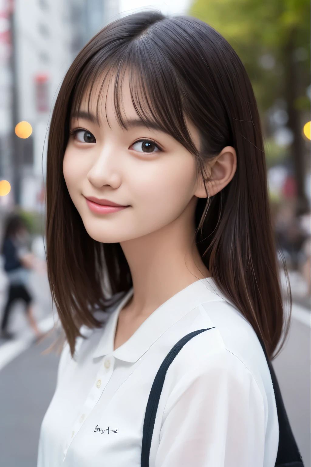highest quality、ultra high resolution、Beautiful woman、cute、alone、japanese woman。15 year old student、high school student、smile。beautiful young female model。bright look、photorealism、extraordinary beautiful girl、beautiful expression、(PurerosFace)、radiant white skin、light brown straight hair、thin hair、charming beautiful brown eyes、double eyelid、fashion girl, healthy face。skin care cosmetics、professional lighting。2024, Clothes that are popular in spring, Tokyo, The background is Shibuya