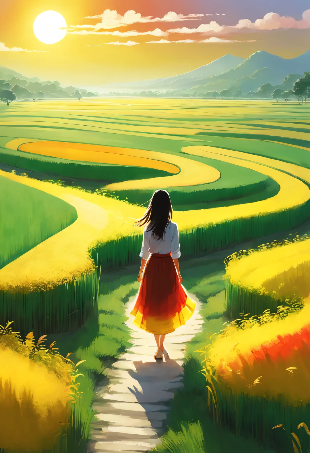 Bird's eye view digital art, paddy, green, yellow, Kaneko, curry, A little red, gradient color, path, Back view of girl in white skirt, breeze blows, Rice swaying in the wind, Sunlight, happy atmosphere, National Geographic National Geographic, Circles and Rings Stripes Circles and Shapes Stripes, Annie Leibovitz Annie Leibovitz,A beautiful painting by Wassily Kandinsky,Imagined,Imaginative,Japanese cartoons,kawaii,romantic atmosphere,high detail,watercolor painting,palette knife painting,comics,artwork,Pixar style,cartoon style,Arte Guélan's artwork,Chinese painting,masterpiece,Line art,long shot,flashing light, --original style