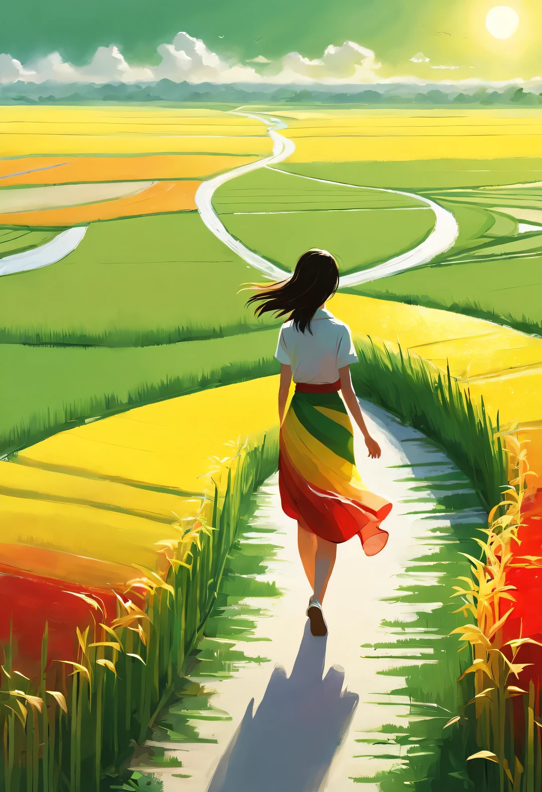 Bird's eye view digital art, paddy, green, yellow, Kaneko, curry, A little red, gradient color, path, Back view of girl in white skirt, breeze blows, Rice swaying in the wind, Sunlight, happy atmosphere, National Geographic National Geographic, Circles and Rings Stripes Circles and Shapes Stripes, Annie Leibovitz Annie Leibovitz,A beautiful painting by Wassily Kandinsky,Imagined,Imaginative,Japanese cartoons,kawaii,romantic atmosphere,high detail,watercolor painting,palette knife painting,comics,artwork,Pixar style,cartoon style,Arte Guélan's artwork,Chinese painting,masterpiece,Line art,long shot,flashing light, --original style