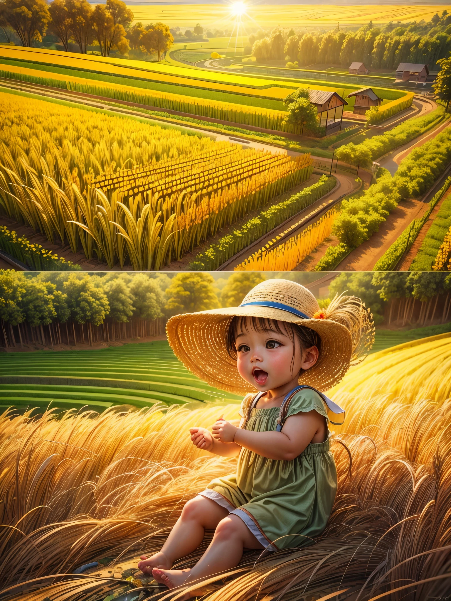 （best quality，8k，high resolution，masterpiece），Super detailed，（1.4x more realism），summer,Sunlight,beautiful toddler,golden rice fields,golden color,hapiness,children&#39;s laughter,Children playing in the rice fields,Cicada chirping,Beautiful scenery,HDR,ultra high definition,studio lighting,Super fine,sharp focus,Rendering based on real objects,Extremely detailed description,major,Bright colors,blur background,Golden sunrise,peaceful,peaceful,golden light,golden hour,nature,nature之美