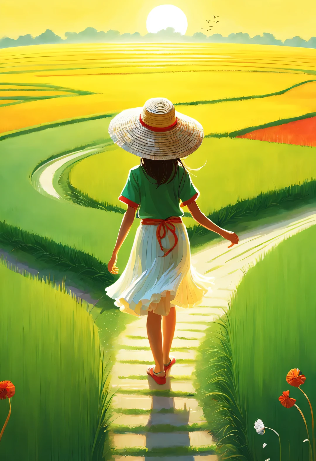 Bird's eye view digital art, Endless rice fields, green, yellow, Kaneko, curry, A little red, gradient color, path, Back view of little girl in white skirt and straw hat, breeze blows, Rice swaying in the wind, Sunlight, happy atmosphere, National Geographic National Geographic, Circles and Rings Stripes Circles and Shapes Stripes, Annie Leibovitz Annie Leibovitz,,A beautiful painting by Wassily Kandinsky,Imagined,Imaginative,Japanese cartoons,kawaii,romantic atmosphere,high detail,watercolor painting,palette knife painting,comics,artwork,Pixar style,cartoon style,Arte Guélan's artwork,Chinese painting,masterpiece,Line art,long shot,flashing light, --original style