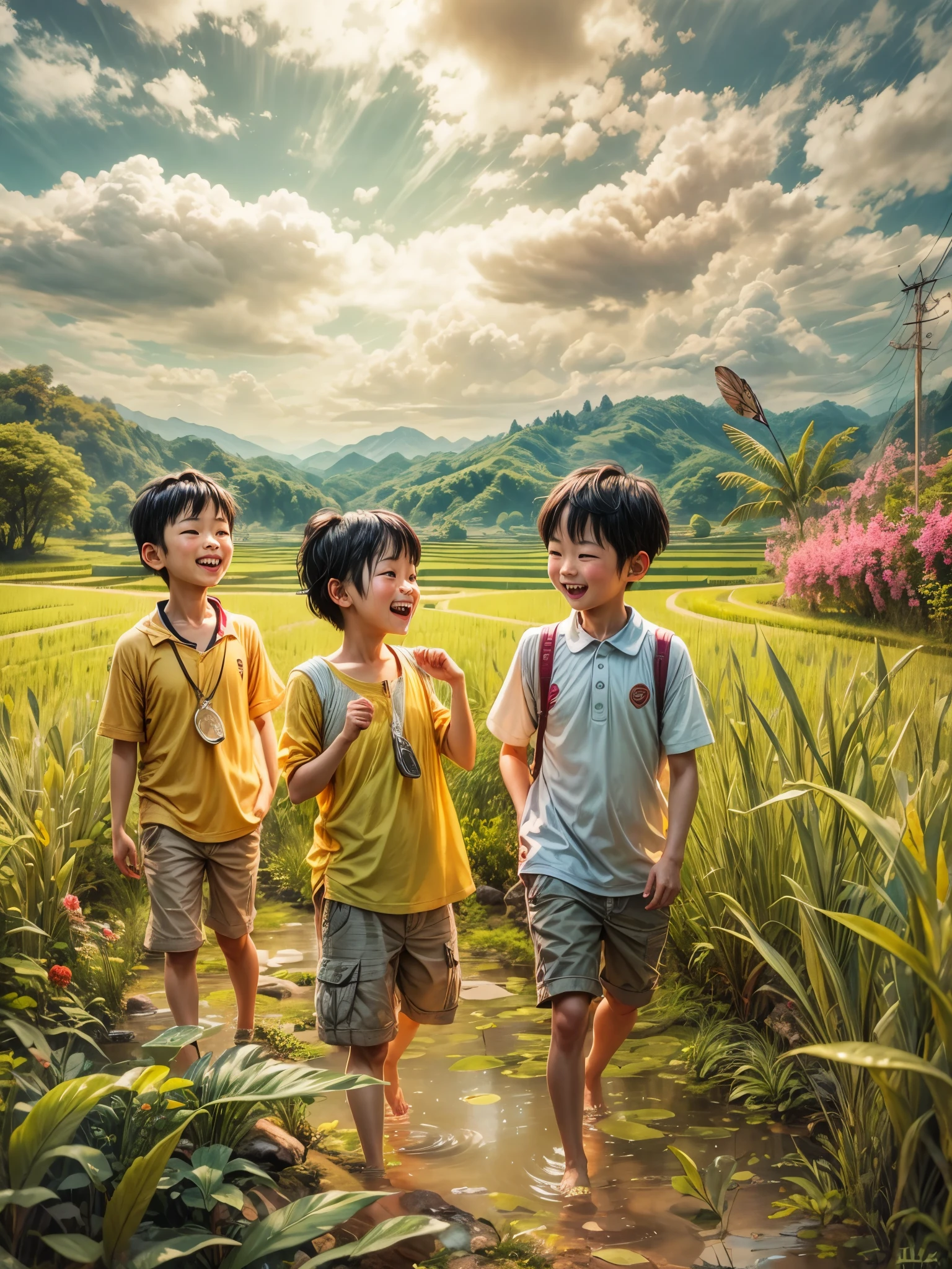 （best quality，8k，high resolution，masterpiece），Super detailed，(1.4x more realism)，summer，Sunlight，beautiful children，Money黄的稻田，Money，hapiness，Children laughing in the rice fields，Cicada chirping，Beautiful scenery，HDR，UHD，studio lighting，Super fine，sharp focus，Physically based rendering，Extremely detailed description，major，Vivid colors，Money色的日出，peaceful，serene，Money光，Money色时刻，nature，nature美，((anatomically correct))