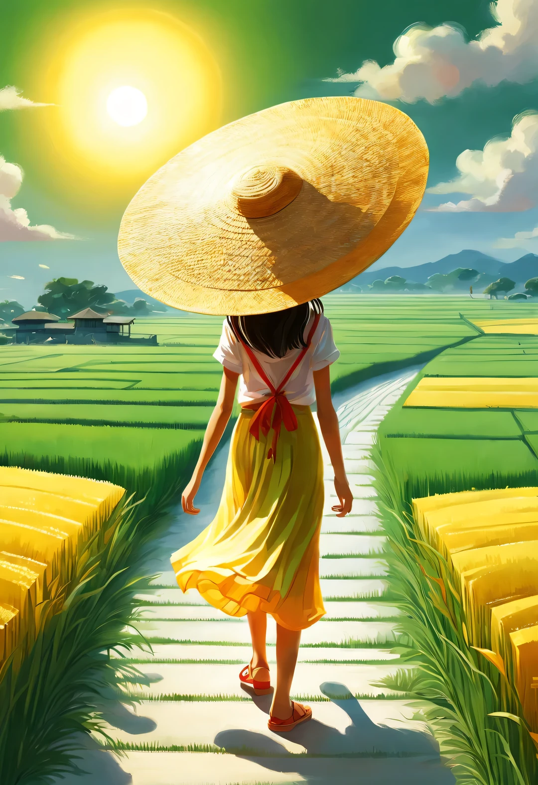 Bird's eye view digital art, Endless rice fields, green, yellow, Kaneko, curry, A little red, gradient color, path, Back view of in white skirt and straw hat, breeze blows, Rice swaying in the wind, Sunlight, happy atmosphere, National Geographic National Geographic, Circles and Rings Stripes Circles and Shapes Stripes, Annie Leibovitz Annie Leibovitz,,A beautiful painting by Wassily Kandinsky,Imagined,Imaginative,Japanese cartoons,kawaii,romantic atmosphere,high detail,watercolor painting,palette knife painting,comics,artwork,Pixar style,cartoon style,Arte Guélan's artwork,Chinese painting,masterpiece,Line art,long shot,flashing light, --original style