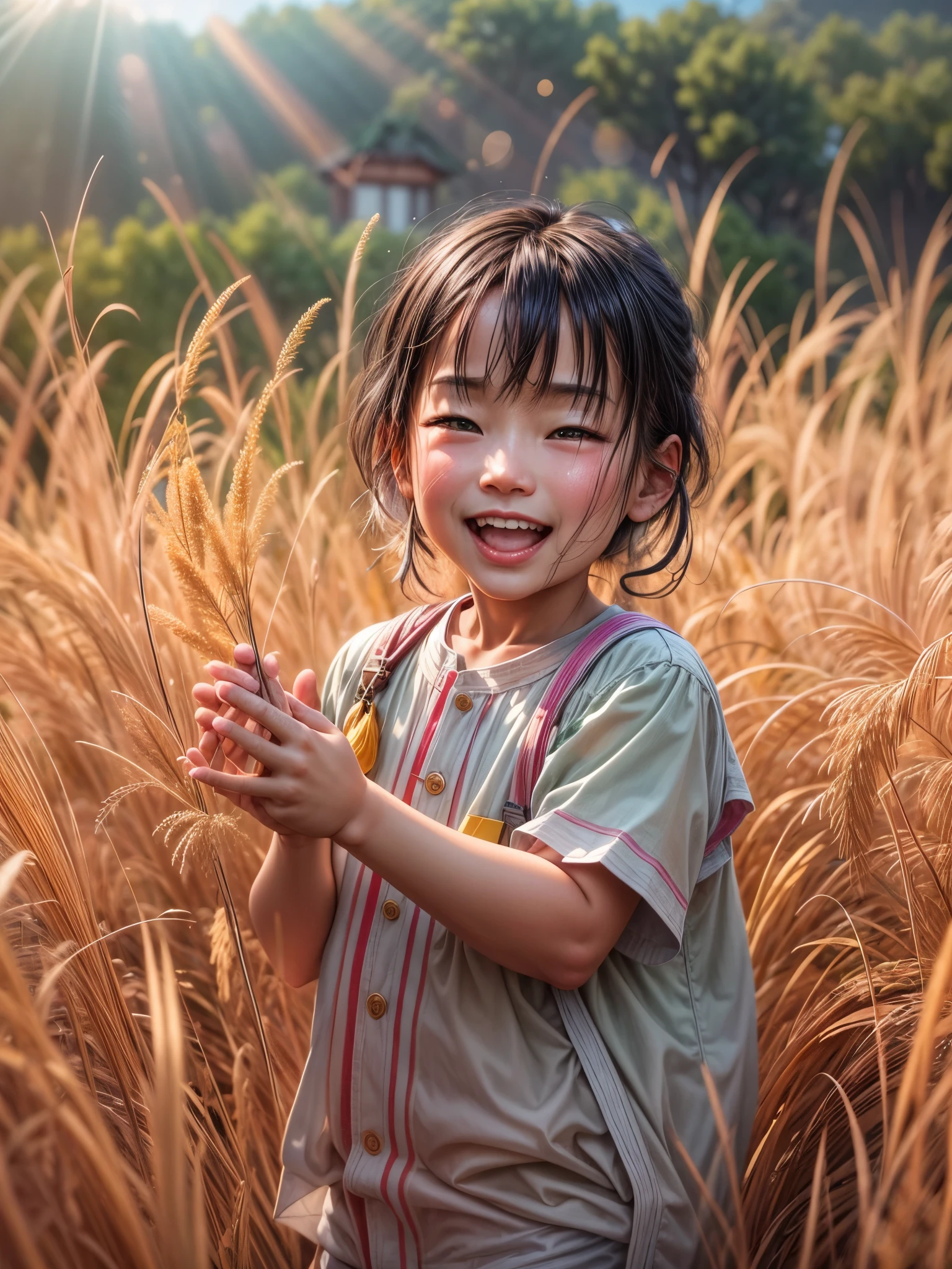 （best quality，8k，high resolution，masterpiece），Super detailed，(1.4x more realism)，summer，Sunlight，beautiful children，Money黄的稻田，Money，hapiness，Children laughing in the rice fields，Cicada chirping，Beautiful scenery，HDR，UHD，studio lighting，Super fine，sharp focus，Physically based rendering，Extremely detailed description，major，Vivid colors，Money色的日出，peaceful，serene，Money光，Money色时刻，nature，nature美，((anatomically correct))