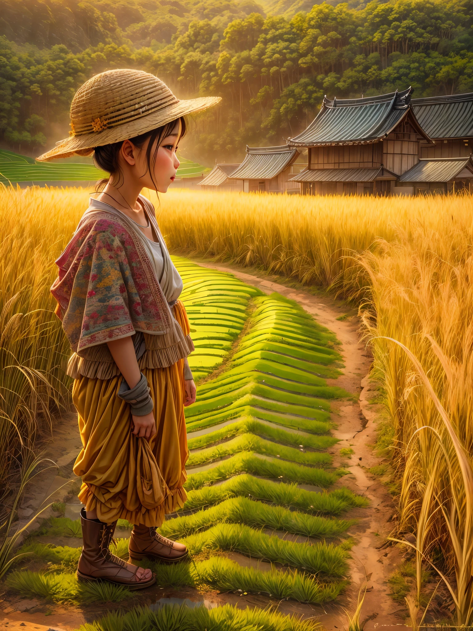 （best quality，8k，high resolution，masterpiece），Super detailed，（1.4x more realism），summer,Sunlight,beautiful toddler,golden rice fields,golden color,hapiness,children&#39;s laughter,Children playing in the rice fields,Cicada chirping,Beautiful scenery,HDR,ultra high definition,studio lighting,Super fine,sharp focus,Rendering based on real objects,Extremely detailed description,major,Bright colors,blur background,Golden sunrise,peaceful,peaceful,golden light,golden hour,nature,nature之美