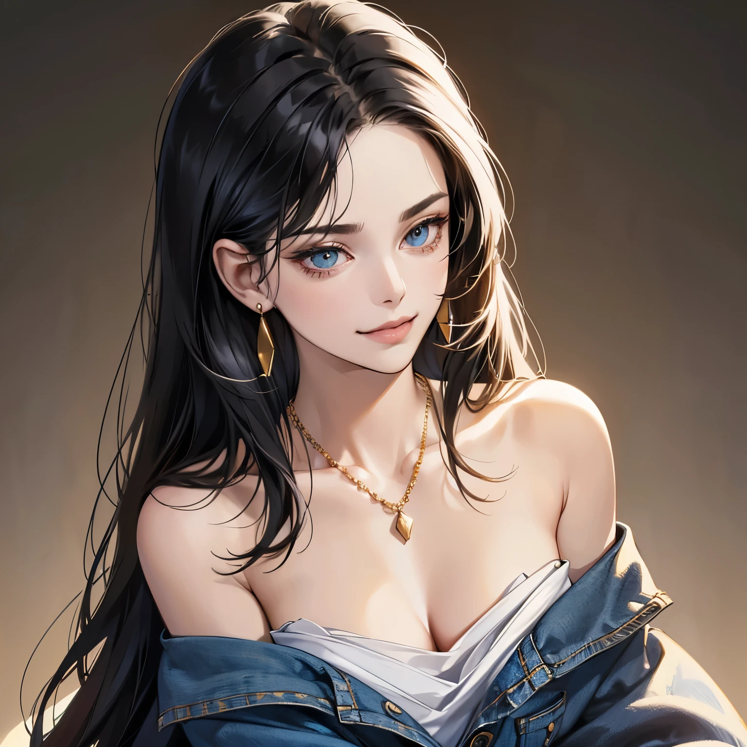 (table top, digital art, digital illustration, 4K, 8K, super detailed, beautiful images, clear image, realistic, RAW photo, perfect face, perfect lines, perfect eyes, soft lighting) ,1 female, (long black hair,bullish look,beautiful woman,closed mouth,smirk,Mature,slender,23 year old female,:1.3),I am wearing an off-shoulder dark denim top.、Gold earrings and necklace、plain background、cool、cool