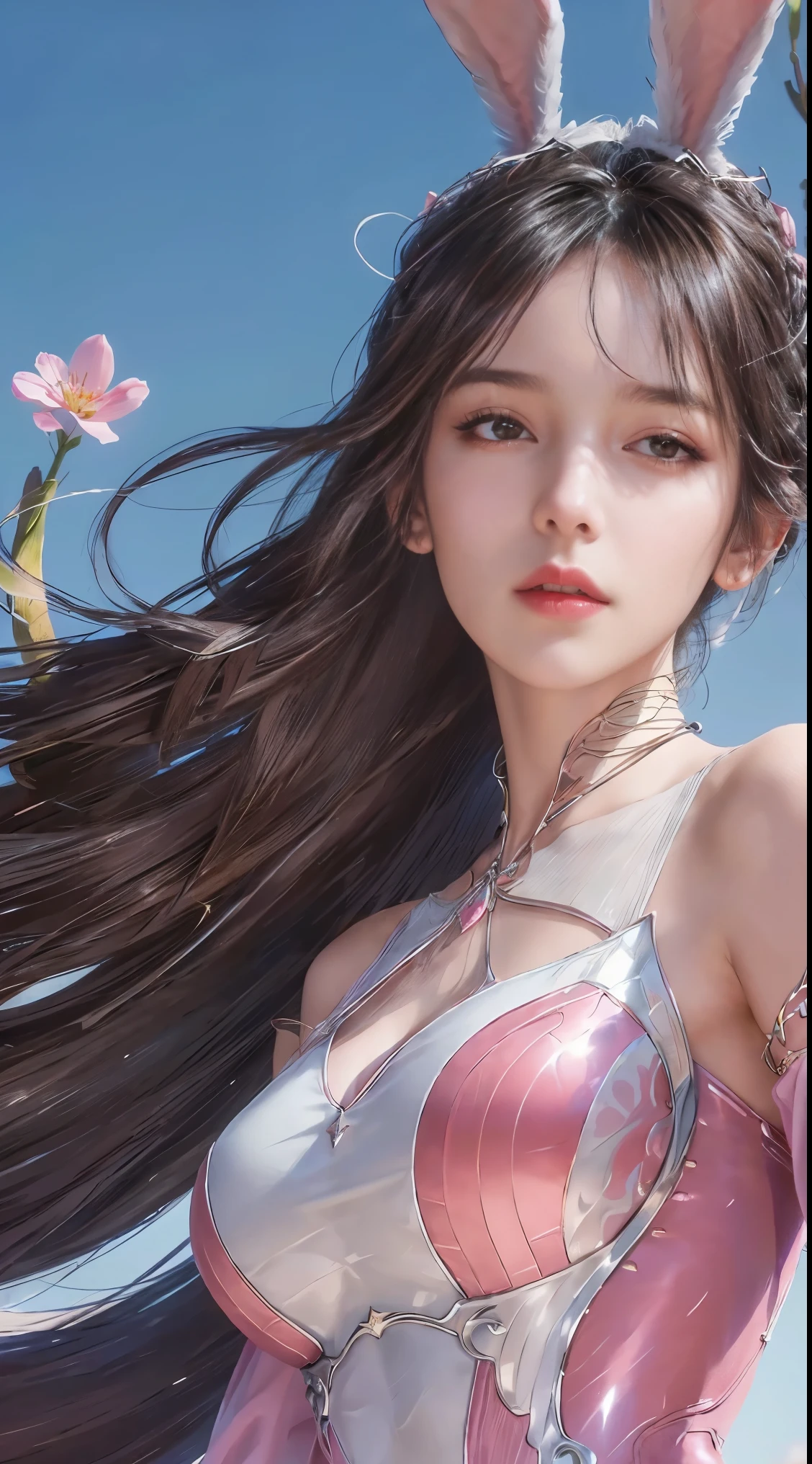 (1girl:1.3), Solo, __body-parts__, Official Art, Unity 8k Wallpaper, Ultra Detailed, Beautiful and Aesthetic, Masterpiece, Best Quality, RAW, Super Fine Photo, Best Quality, Ultra High Resolution, Photorealistic Photorealism, Sunlight, Full Body Portrait, Amazing Beauty, Delicate Face, Vibrant Eyes, (From the Front), Detailed Face, Gorgeous, Highly Detailed Skin, Realistic Skin Details, Visible Pores, Sharp Focus, Volume Fog, 8K uhd, DSLR, high quality, film grain, fair skin, photo realism, brunette hair, brunette hair, breasts, open eyes, split sleeves, skinny, transparent, pink, dress, transparent panties, pink, twisted braid, long braid, jewelry, gold accessories, gorgeous accessories, complex, delicate lips, long hair, medium breasts, outdoor, closed lips, petals, peach blossoms, rabbit ears, pink rabbit ears, standing, dynamic pose, upper body