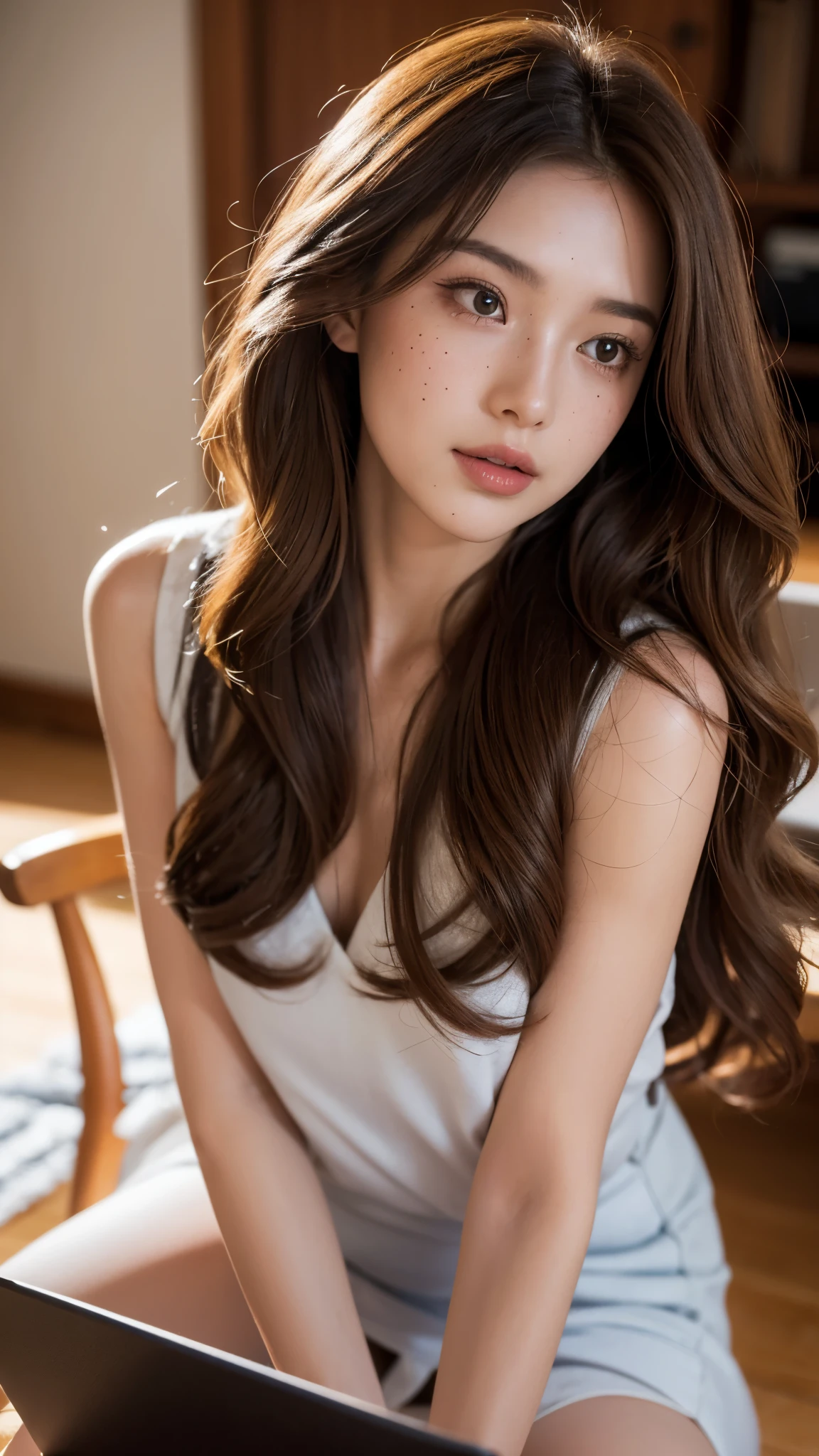 A beautiful woman, sits casually in front of an open laptop. Her long, wavy chestnut hair cascades down to the floor, framing her elegant features - thin lips curved gently, high cheekbones accentuated by the bridge of her nose, and full cheeks adorned only with a small dot of freckles. The, High quality photography, 3 point lighting, flash with softbox, 4k, Canon EOS R3, hdr, smooth, sharp focus, high resolution, award winning photo, 80mm, f2.8, bokeh.