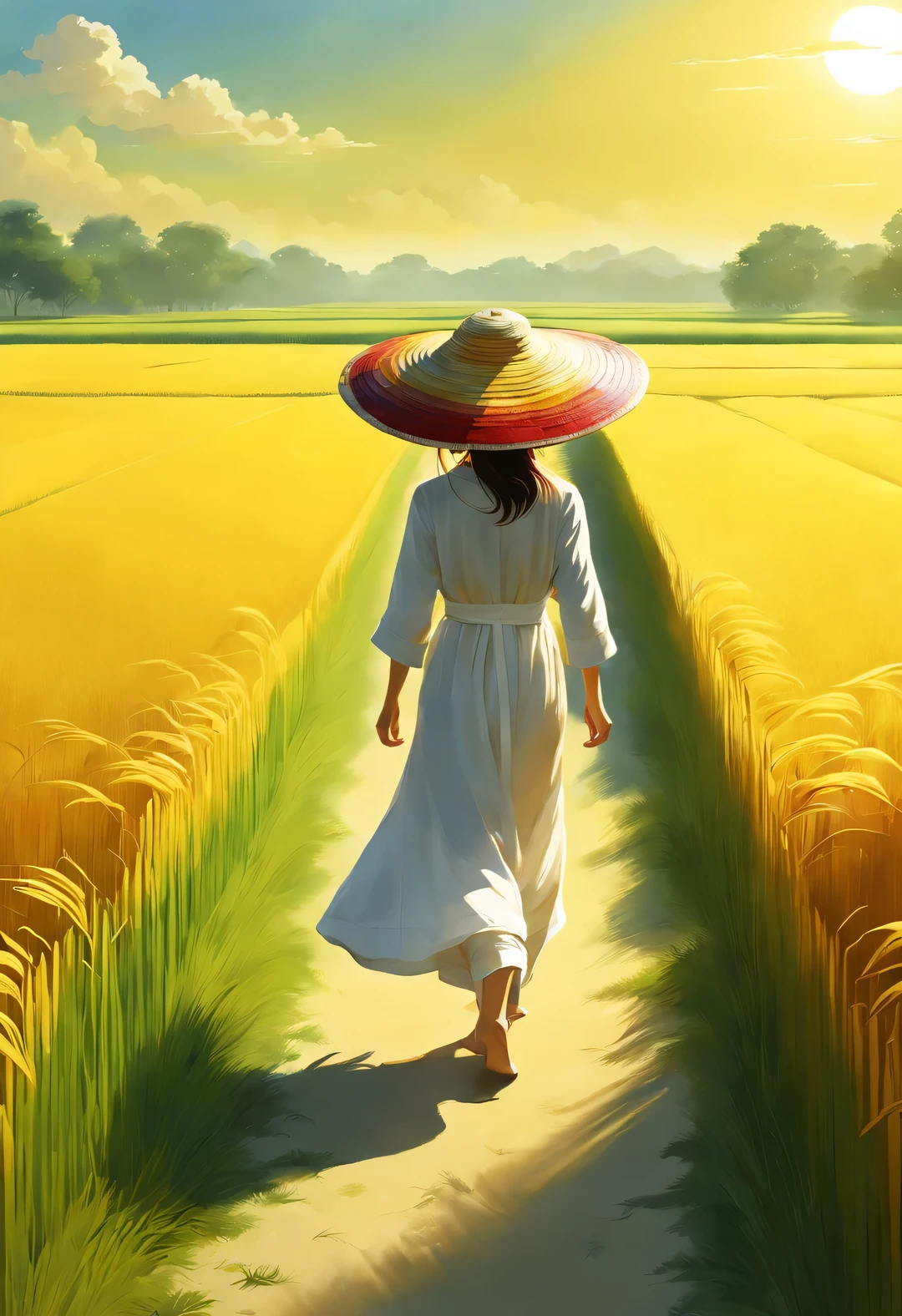 Bird&#39;s eye view digital art, Endless rice fields, green, yellow, Kaneko, curry, A little red, slope, path, Back view of a group of  girls wearing white clothes and straw hats, farmer, breeze blows, Rice swaying in the wind, Sunlight, happy atmosphere, National Geographic National Geographic, Circles and Rings Stripes Circles and Shapes Stripes, Annie Leibovitz Annie Leibovitz,,A beautiful painting by Wassily Kandinsky,Imagined,Imaginative,Japanese cartoons,romantic atmosphere,high detail,watercolor painting,palette knife painting,comics,artwork,Pixar style,cartoon style,Arte Guélan's artwork,Chinese painting,masterpiece,Line art,Quixel Megascans rendering,octane rendering,long shot,flashing light, --original style