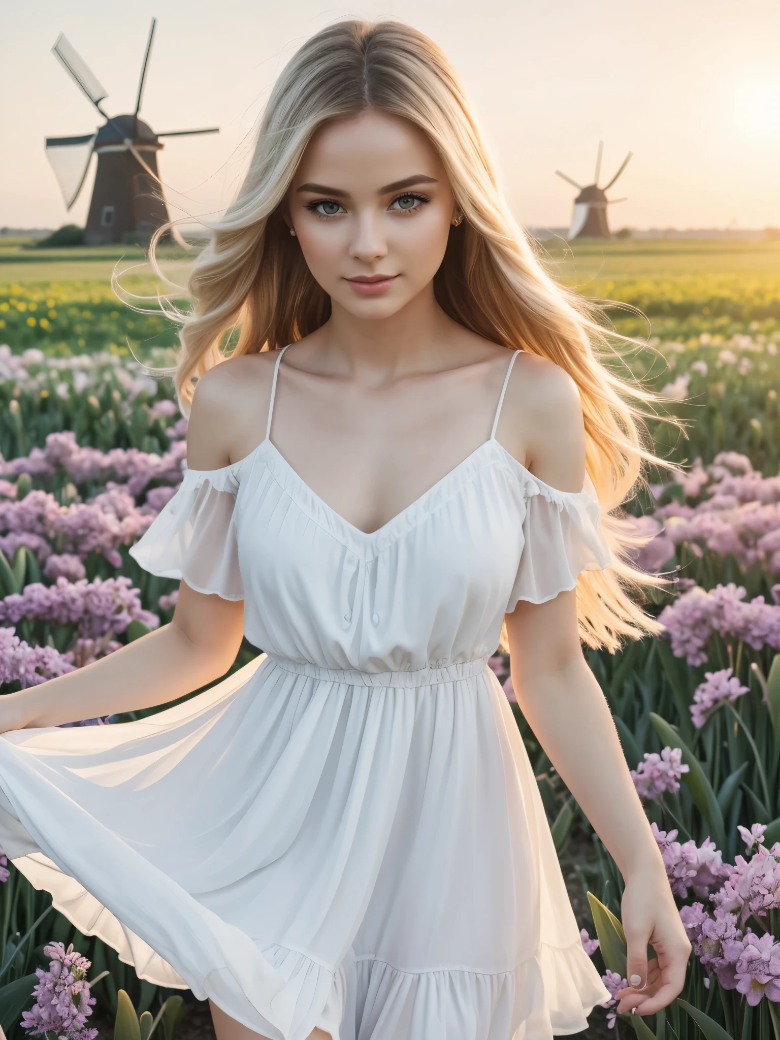 (best quality,4k,8k,highres,masterpiece:1.2),ultra-detailed,(realistic,photorealistic,photo-realistic:1.37),fashion photography, Angelic girl, beautiful detailed eyes, slight smile, beautiful detailed lips, long eyelashes, random hairstyle, random hair colour, stylish makeup, perky, gorgeous model, posing with confidence, sensuous expression, modern photography techniques, striking contrast between light and shadow, soft and natural lighting, pale skin tone, subtle blush, pop of colour on the lips, dramatic background with vivid colours, artistic composition, ethereal atmosphere, whisper of wind blowing through her hair, graceful and elegant posture, bokeh effects, (((white flowing short summer dress))), exquisite accessories, bold and creative fashion choices, standing on a field surrounded by colourful flowers with windmills in the background, (((Springtime))), sunset