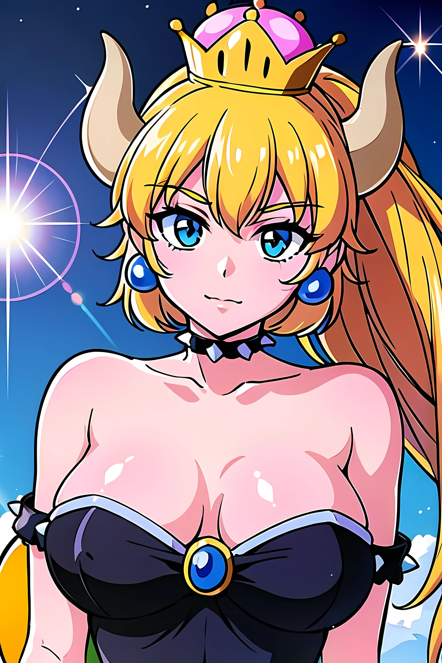 ,(highest quality:1.3),(ultra-be familiar with:1.5),High resolution,extremely be familiar with CG,unity 8k wallpaper,official art,be familiar with,super be familiar with skin,perfect anatomy,beautiful be familiar with eyes,(anime screenshot:1.1),very delicate and beautiful,90s anime,90s anime style,cel shaded anime,1 girl,(Beauset:1.7),(Ammar:1.3),blonde long hair,ponytail,blue eyes,spiked brotherette,Bangles with spikes,spike choker,Super Crown,((white corner)),(pink crown),blue earrings,brooch,((black dress)),(fluffy dress),long dress,(shining eyes),blends well with the eye,blends well with the eye,focus of the eye,(Carefully crafted brilliance,sky blue lens flare:1.7),(expression of joy:1.51),Theme color is red,octane rendering,rainbow paint drop,Woman made of paint,Full Paint,(movie background),splat,splash,indoor,dark and blurry background,floating in the sky,close,dynamic angle,sunset,Night parking lot,(best lighting,very delicate and beautiful),Detailed beautiful shine,(soft light:1.2),(soft money tone lighting),Warm and soft lighting,dramatic light,((cinematic light)),(movie masterpiece),(Movie headlights),ambient occlusion,ambient light,violently,powerful,Absolutely eye-catching splashes of color,((caustic)),raytraced reflections,light shines,waiting for happiness to begin,(laughter:1.3),Grass,