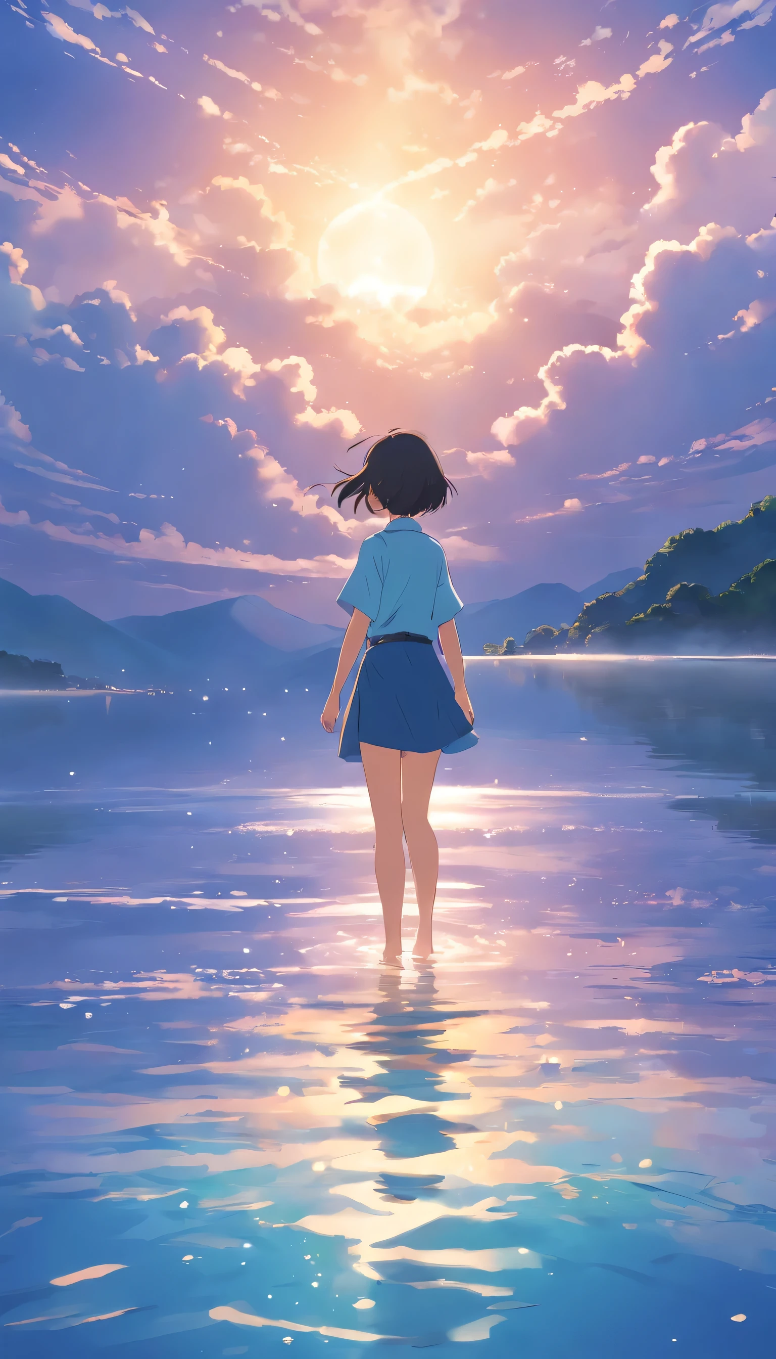 "surrounded by cloud，Beautiful and smooth graphics，Carefully depicted landscape，Light clouds float on the water，It's like a fairyland。Hazy light penetrates the clouds，Reflect stunning light and shadow effects。There is a sea of clouds in the picture，The looming view is mesmerizing。"