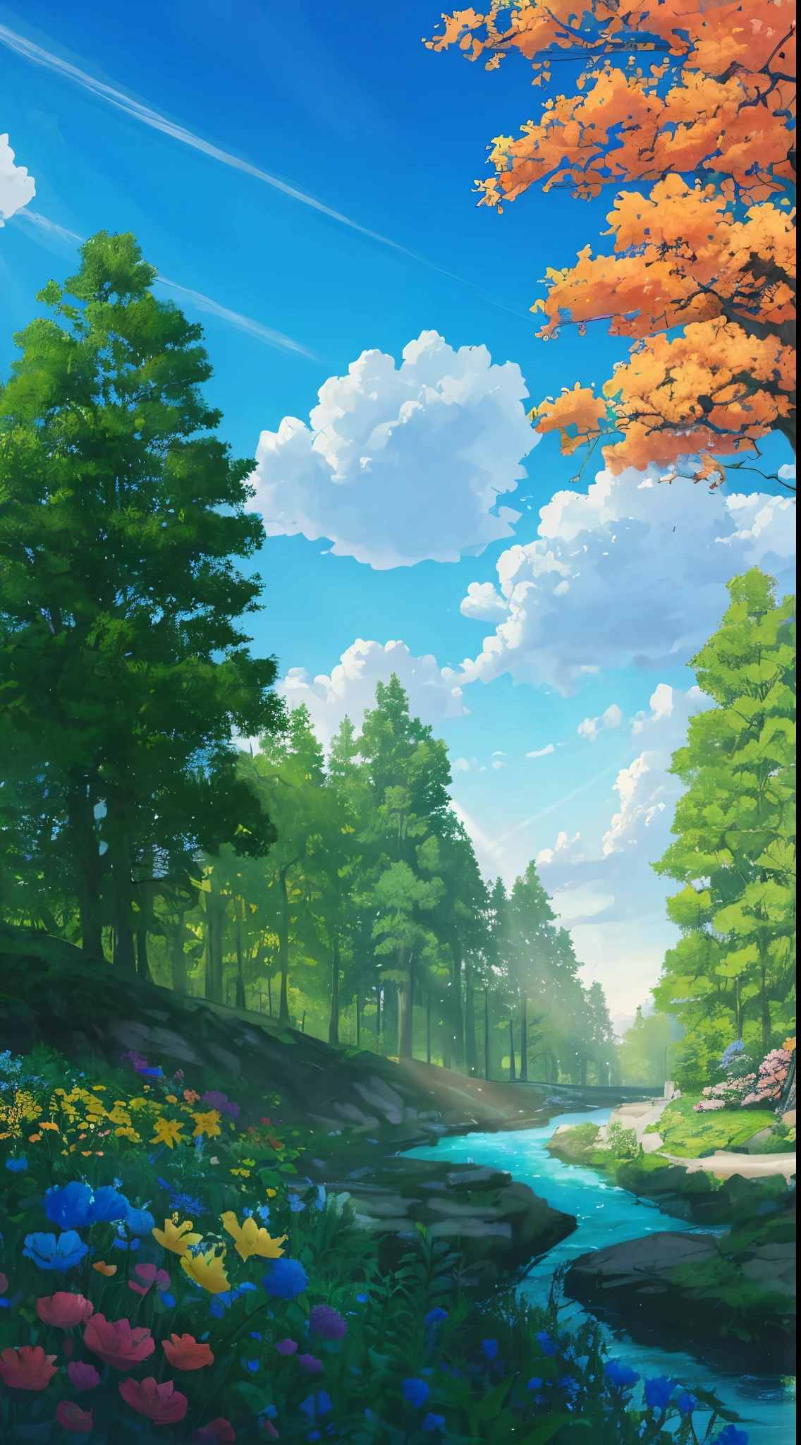 ConceptArt, no humans, scenery, garden, day, tree, forest, flowers, outdoors, nature, river, blue sky, sunbeam, sun rays