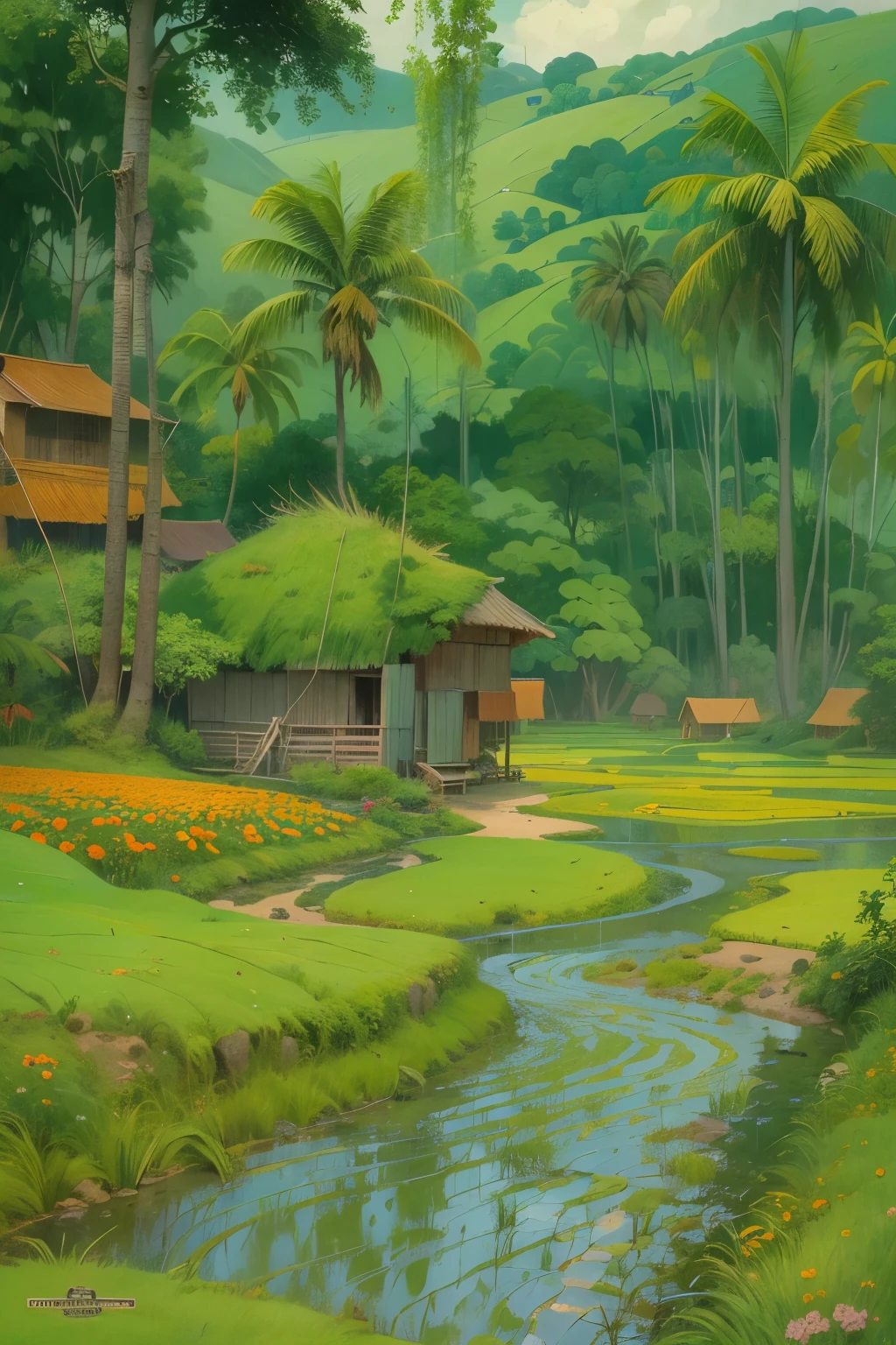 rice paddy, Ultra-detailed, high quality, Award-winning,Works of Paul Gauguin