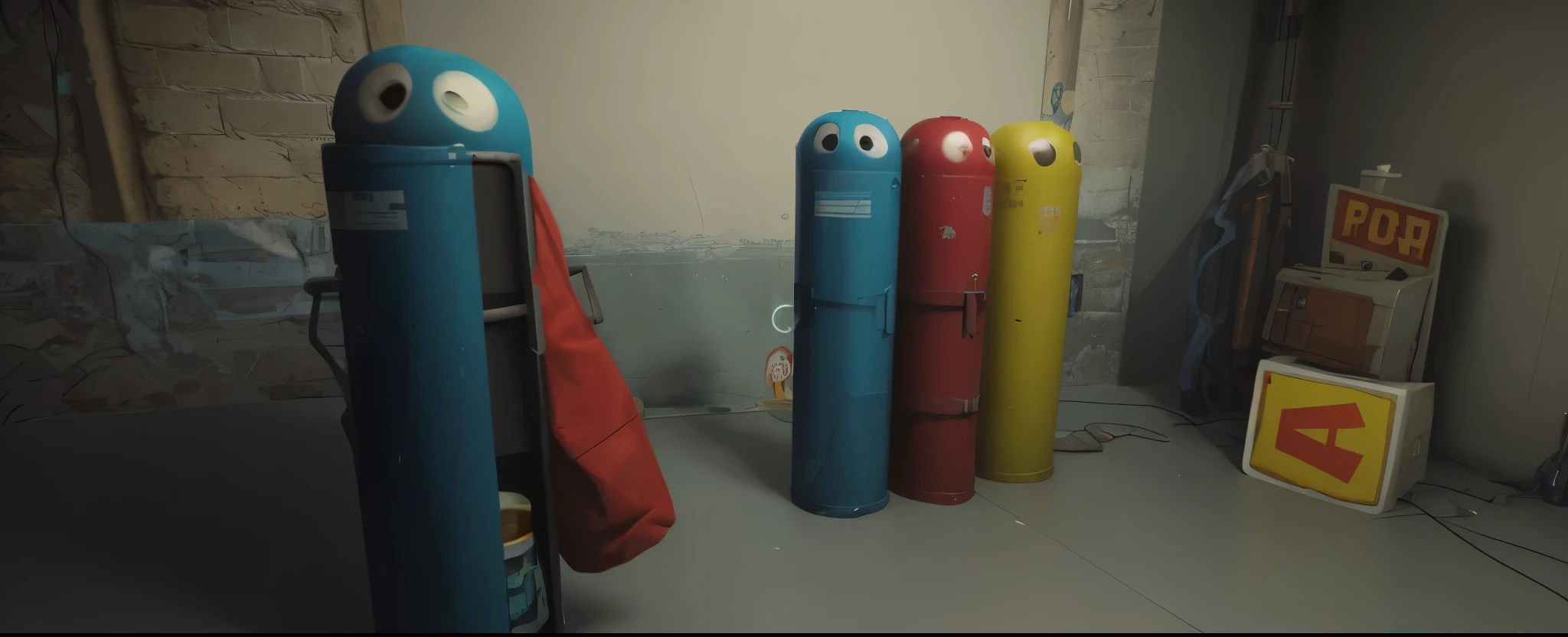 there are many different colored cylinders with eyes on them, team fortress style, there is a horror school corridor, 3d cartoon, unreal engine. retro film still, backrooms abandoned mall, cyberpunk basement, unreal octane render, hyperealistic octane render, game cg, hdr render in unreal engine 5, realistic cinema 4 d render, fallout environment, made in unreal engine 4, made in unreal engine, post apocalyptic room interior, most beautiful vfx, blue background, chrome metal refractions, rim light, high resolution, realistic, 4k, realistic, vivid colours
