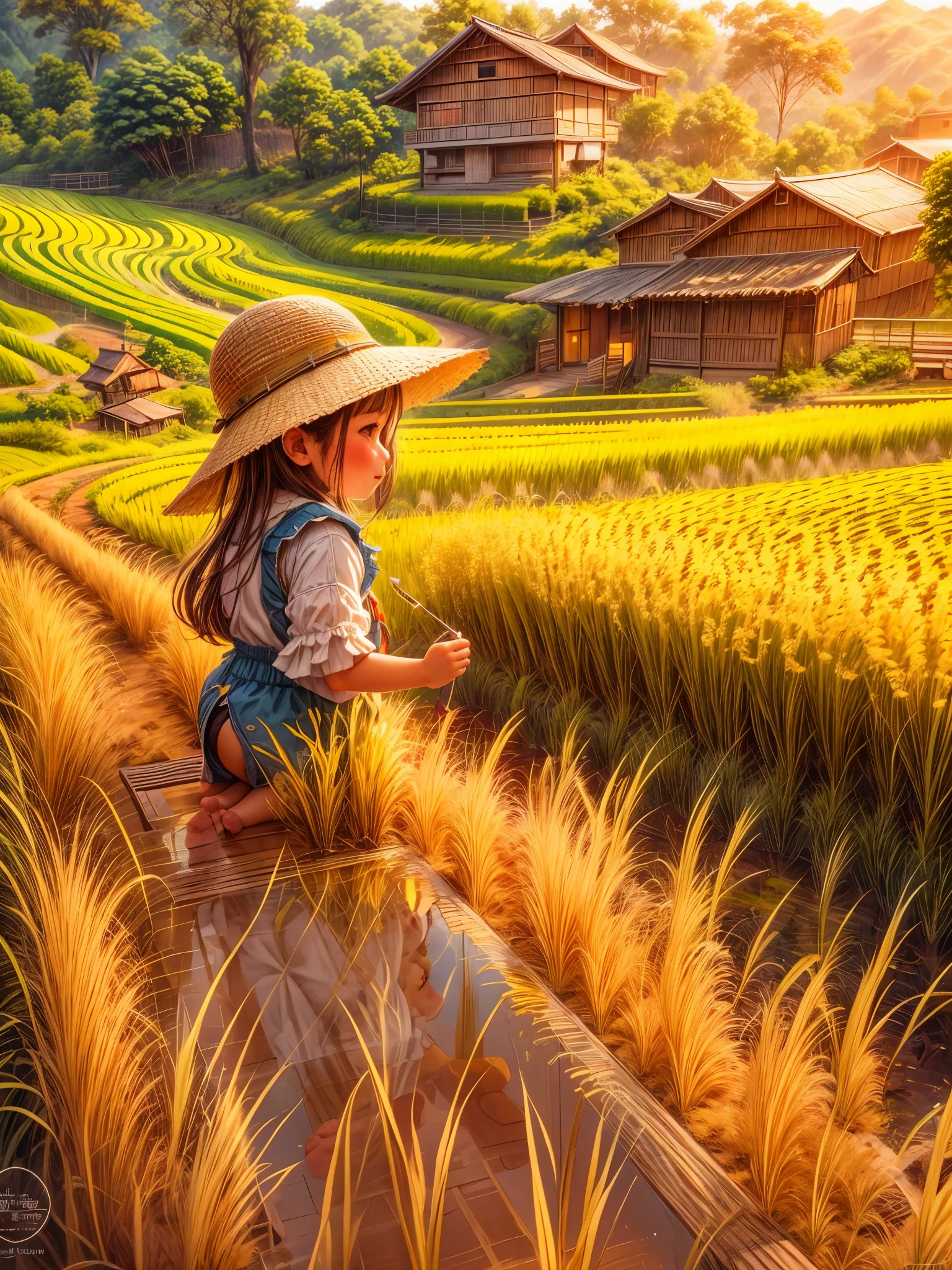 （best quality，8k，high resolution，masterpiece），Super detailed，（1.4x more realism），summer,Sunlight,beautiful toddler,golden rice fields,golden color,hapiness,children&#39;s laughter,Children playing in the rice fields,Cicada chirping,Beautiful scenery,HDR,ultra high definition,studio lighting,Super fine,sharp focus,Rendering based on real objects,Extremely detailed description,major,Bright colors,blur background,Golden sunrise,peaceful,peaceful,golden light,golden hour,nature,nature之美