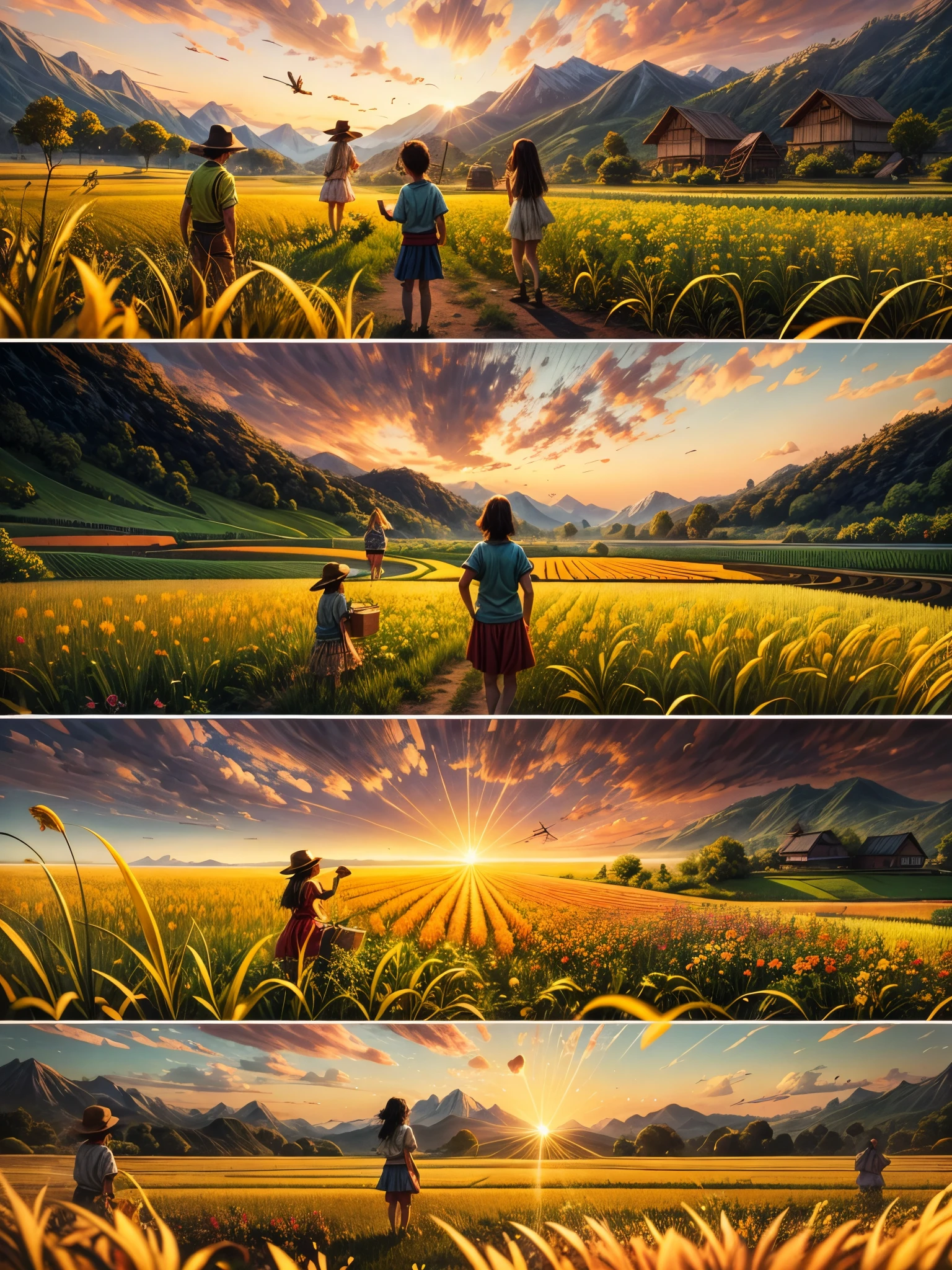 （best quality，8k，high resolution，masterpiece），Super detailed，（1.4x more realism），sunset, summer, golden rice fields, children playing, laughter, cicadas singing, mountains silhouette, vibrant, joyful, nature's beauty, pure happiness, photo real, Shot on a 50mm lens, classic composition, masterpiece, exquisite, color correction, amazing visual effects, crazy details, intricate details, sharp focus, super high effect, HD, 16k