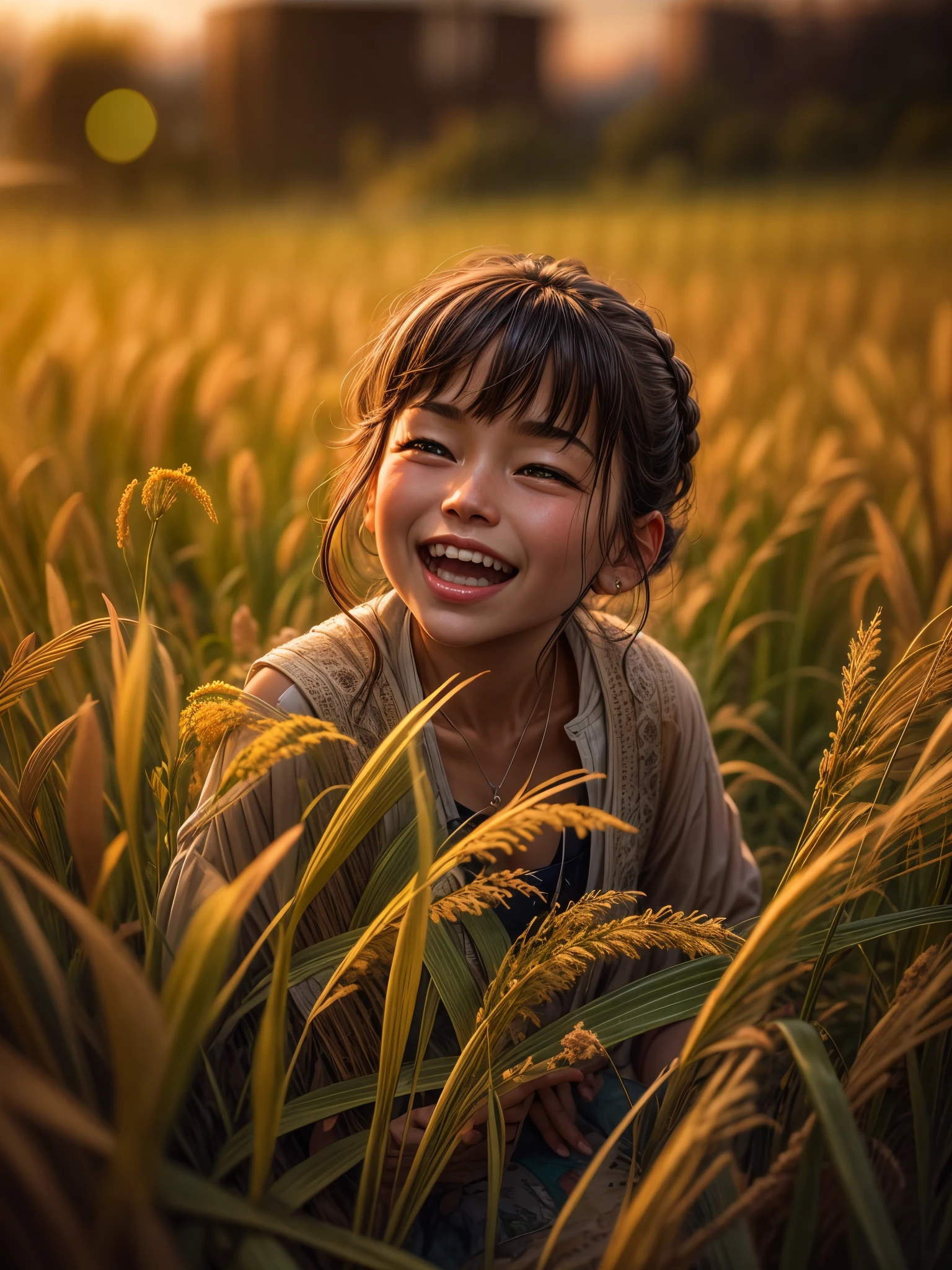 （best quality，8k，high resolution，masterpiece），Super detailed，（1.4x more realism），sunset, summer, golden rice fields, children playing, laughter, cicadas singing, mountains silhouette, vibrant, joyful, nature's beauty, pure happiness, photo real, Shot on a 50mm lens, classic composition, masterpiece, exquisite, color correction, amazing visual effects, crazy details, intricate details, sharp focus, super high effect, HD, 16k