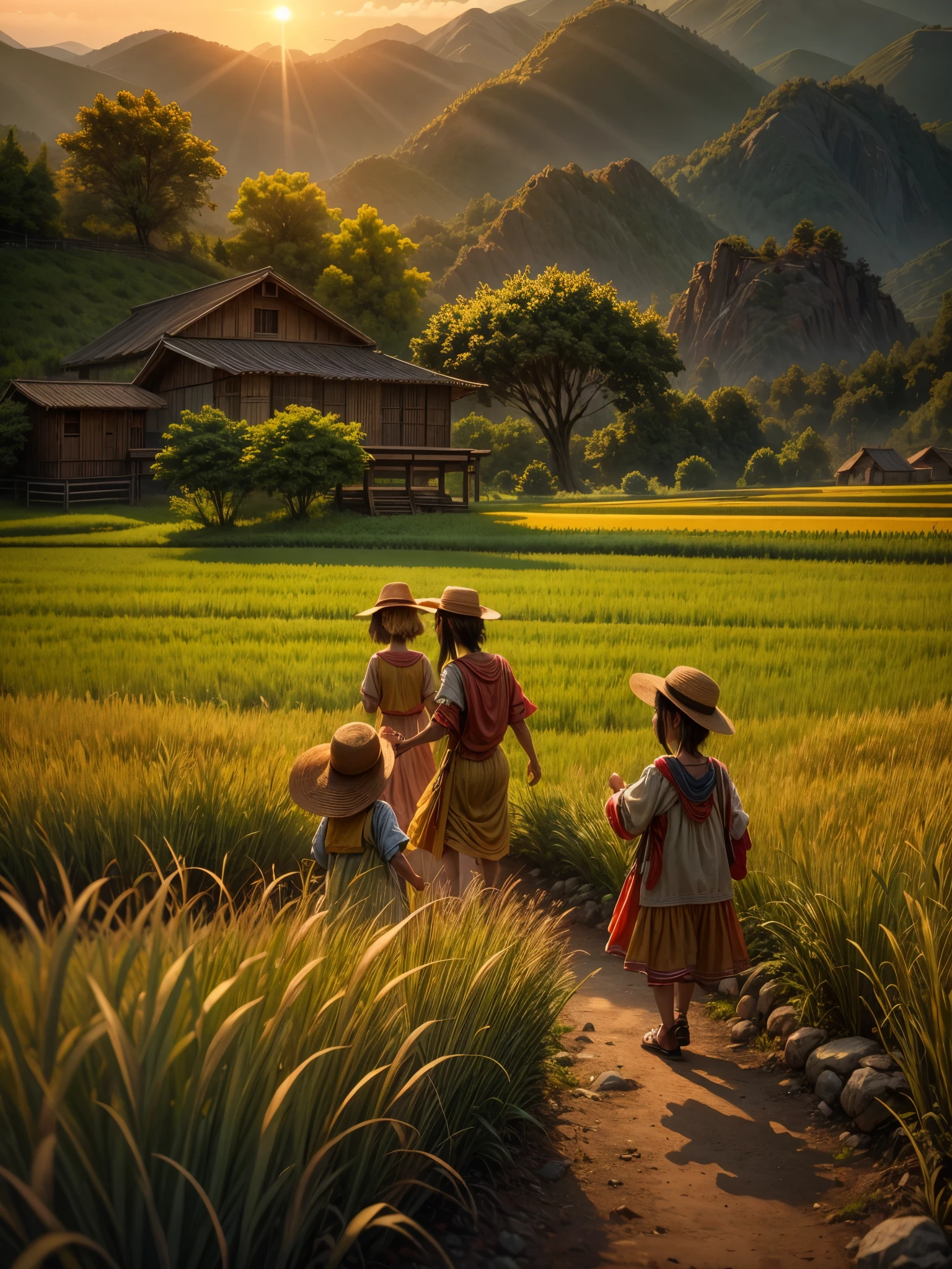 （best quality，8k，high resolution，masterpiece），Super detailed，（1.4x more realism），sunset, summer, golden rice fields, children playing, laughter, cicadas singing, mountains silhouette, vibrant, joyful, nature's beauty, pure happiness, photo real, Shot on a 50mm lens, classic composition, masterpiece, exquisite, color correction, amazing visual effects, crazy details, intricate details, sharp focus, super high effect, HD, 16k