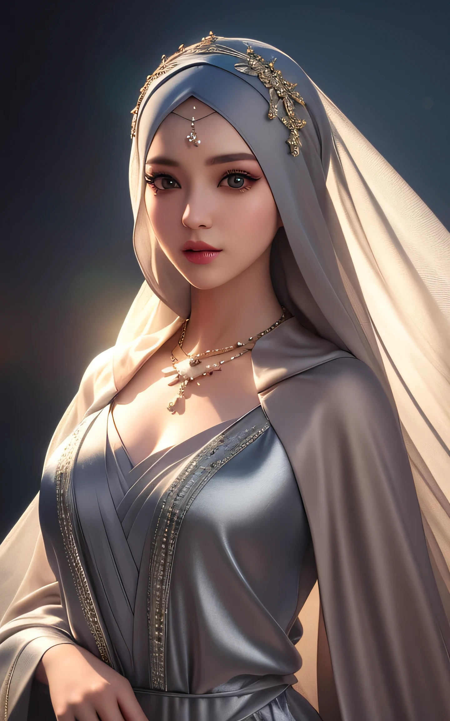 Best Quality, Masterpiece, High Resolution, 1girl, Porcelain Dress, Hair Accessories, Necklace, Jewelry, Beautiful Face, Physically, Tyndall Effect, Realistic, Dark Studio, Rim Lighting, Duotone Lighting, (High Detail Skin : 1.2), 8k uhd, dslr, soft light, high quality, volume light, candid, photo, high resolution, 4k, 8k, bokeh, hyperrealism, cinematic lighting, hijab, a woman in a beautifully makeup, wearing (Gray satin hijab), loosely tide hijab style, ((Taupe satin kaftan)),(persian style)