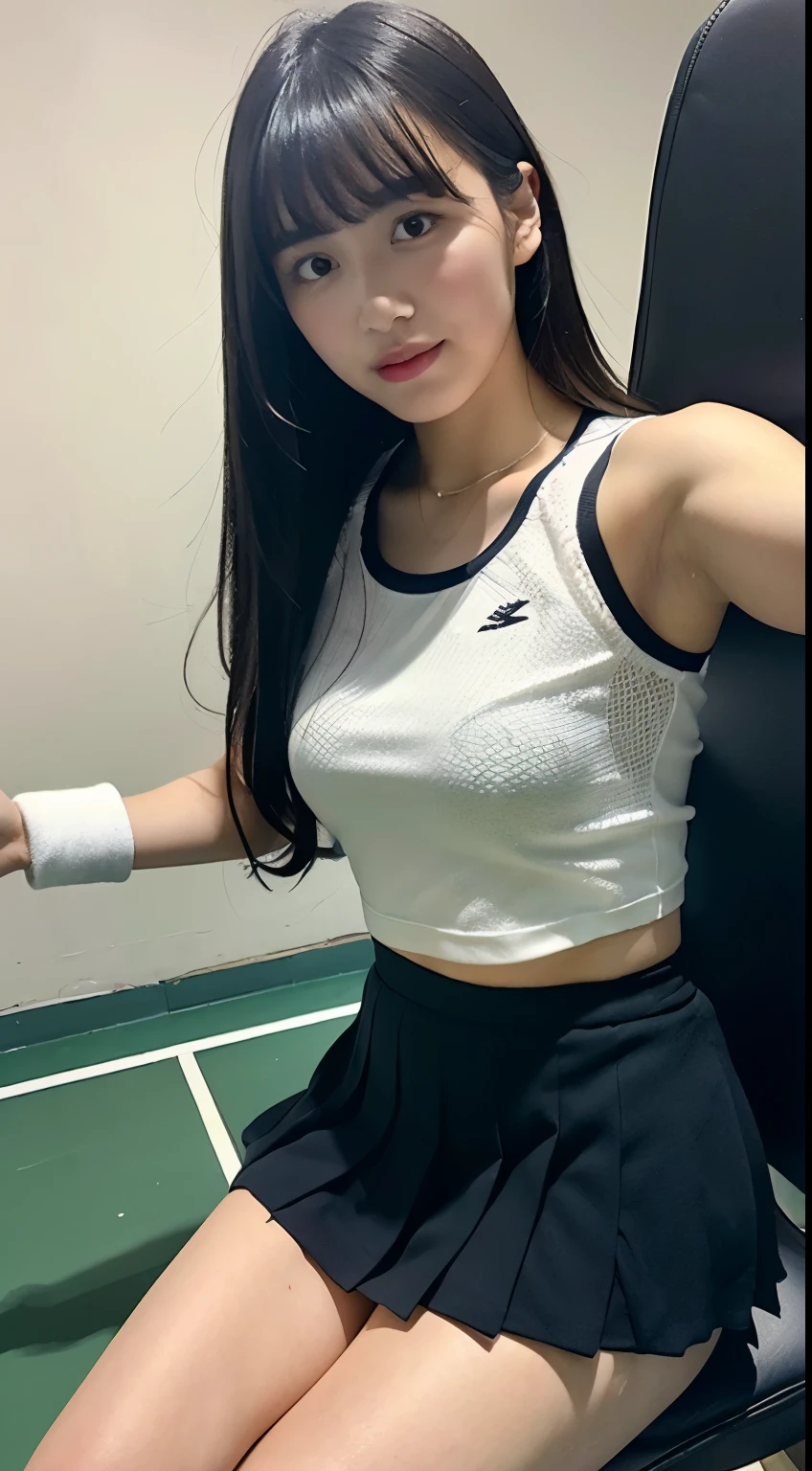((realistic lighting, highest quality, 8K, masterpiece, medium shot: 1.3)), clear focus: 1.2, 1 girl, perfect figure: 1.4, plump bust,((long black hair)),((With bangs)),(tennis wear: 1.4), in the gym changing room, sitting on a chair,white ankle-length socks,white sneakers,super fine face, fine eyes, double eyelid,(white pleated mini skirt), (open legs;1.5),white panties are visible,He has a black smartphone in his right hand.,Taking a selfie with his arm outstretched holding his smartphone,Your face is hidden by your smartphone,left hand is on the floor