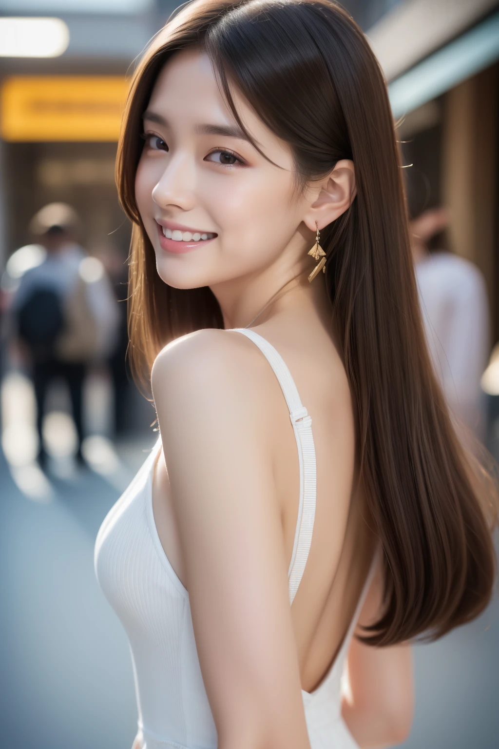 (8k、Raw photo、highest quality、Masseter muscle part:1.2)、super detailed、super resolution、(realistic、realistic pictures:1.37)、Portrait、High-definition RAW color photo、professional photography、hvery detailed and beautiful、very detailed、8k Wallpapers、amazingly detailed、huge file size、official art、Hvery detailed CG Unity 8k wallpapers、hvery detailed beautiful girl、very detailed顔、very detailed目、very detailed肌、very fine fingers、hvery detailed nose、very detailed詳細な口、perfect anatomy、hvery detailed back ground、Hvery detailed clothing、1 girl、(18:1.2)、teen、cute、famous japanese idol、cute、realistic body、、white skin、glowing skin、Because I&#39;m slender、handsome body、brown haired、straight long、laughter、cute、Zora々right、cute faces、lifelike face、delicate eyes、ordering sauce、one piece、earrings、looking at camera、cowboy shot、positive、Are standing、contrapo, high street, public, dynamic lighting,