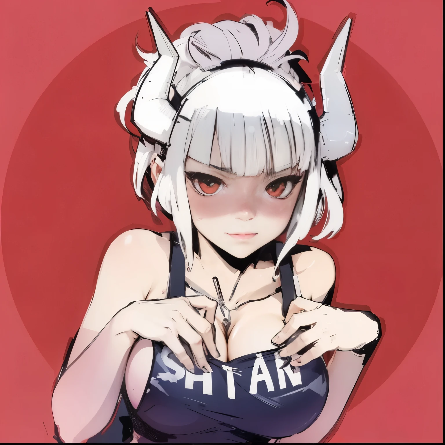 anime girl with horns and a tank top with a red background, oni horns, anime monster girl, satan daughter, in an anime style, kantai collection style, mika kurai demon, demon girl, konachan, white horns queen demon, demon anime girl, marin kitagawa fanart, octan, in anime style, with horns, shikamimi