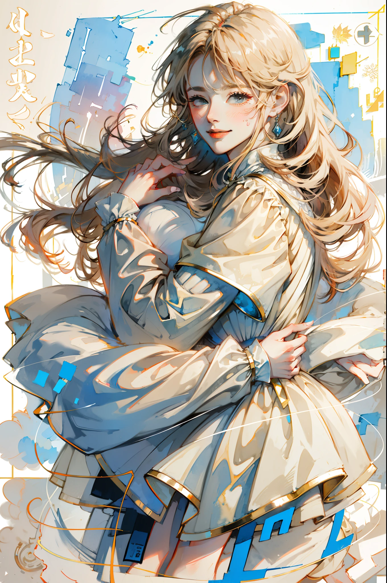 8k,masterpiece,highest quality, (From before:1.6) ,(close:1.1),dynamic pose,30 year old female,portrait, light, long hair, smile, watercolor painting \(Moderate\),watercolor painting,(Plain beige long-sleeved dress that hugs the body:1.3)