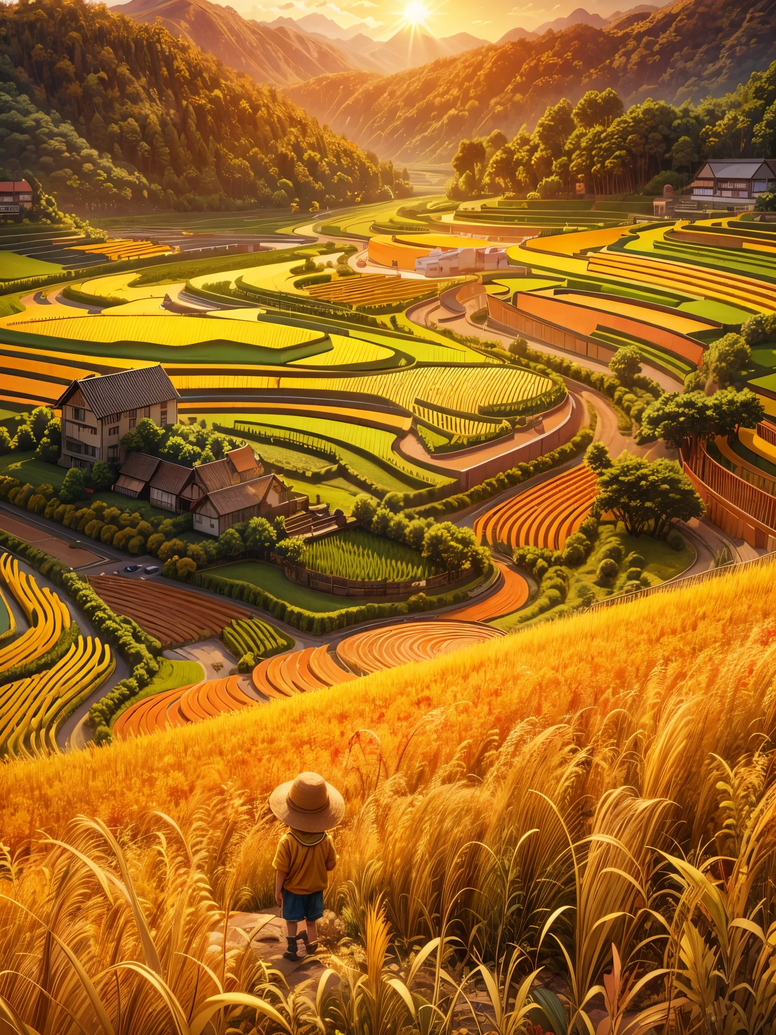 （best quality，8k，high resolution，masterpiece），Super detailed，（1.4x more realism），summer,Sunlight,beautiful toddler,golden rice fields,golden color,hapiness,children&#39;s laughter,Children playing in the rice fields,Cicada chirping,Beautiful scenery,HDR,ultra high definition,studio lighting,Super fine,sharp focus,Rendering based on real objects,Extremely detailed description,major,Bright colors,blur background,Golden sunrise,peaceful,peaceful,golden light,golden hour,nature,nature之美