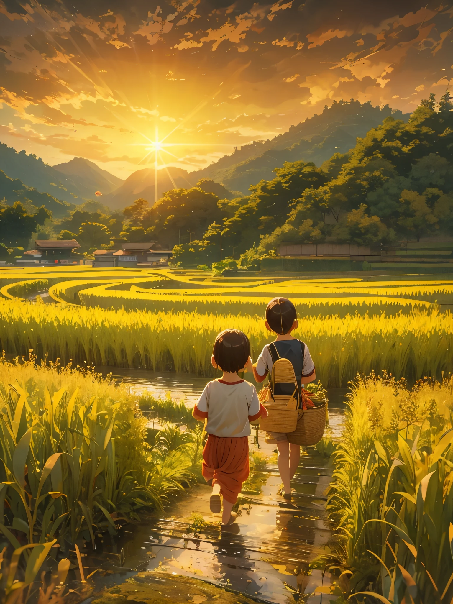 （best quality，8k，high resolution，masterpiece），Super detailed，（1.4x more realism），summer,Sunlight,beautiful toddler,golden rice fields,golden color,hapiness,children&#39;s laughter,Children playing in the rice fields,Cicada chirping,Beautiful scenery,HDR,ultra high definition,studio lighting,Super fine,sharp focus,Rendering based on real objects,Extremely detailed description,major,Bright colors,blur background,Golden sunrise,peaceful,peaceful,golden light,golden hour,nature,nature之美