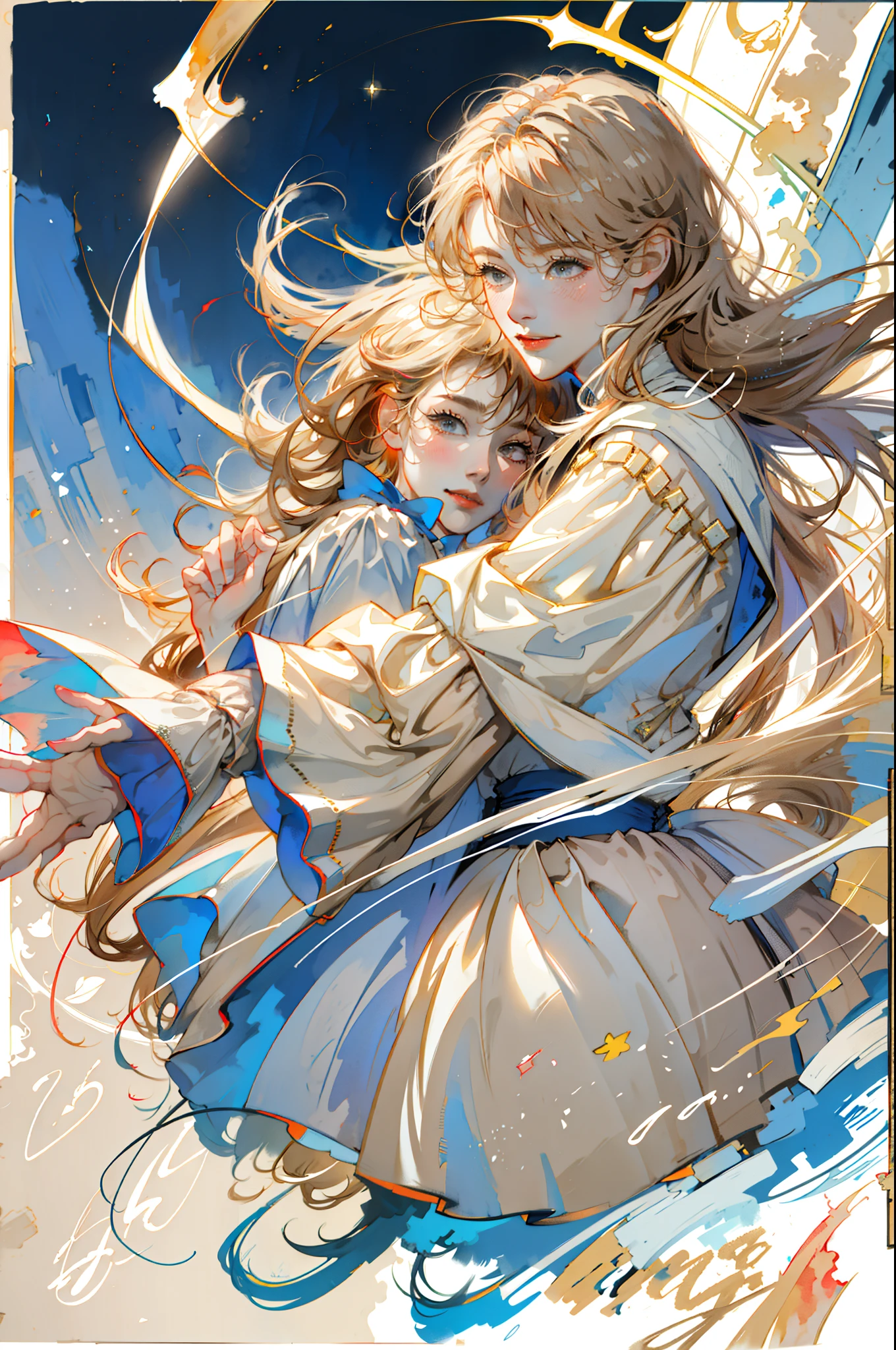 8k,masterpiece,highest quality, (From before:1.6) ,(close:1.1),dynamic pose,30 year old female,portrait, light, long hair, smile, watercolor painting \(Moderate\),watercolor painting,(Plain beige long-sleeved dress that hugs the body:1.3)