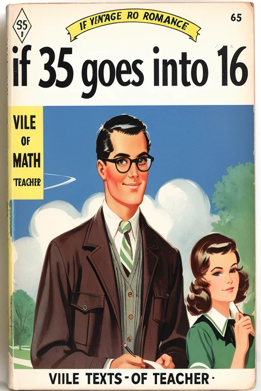 harlequin vintage romance novel book cover featuring the math teacher meme titled "see if 35 goes into 16"