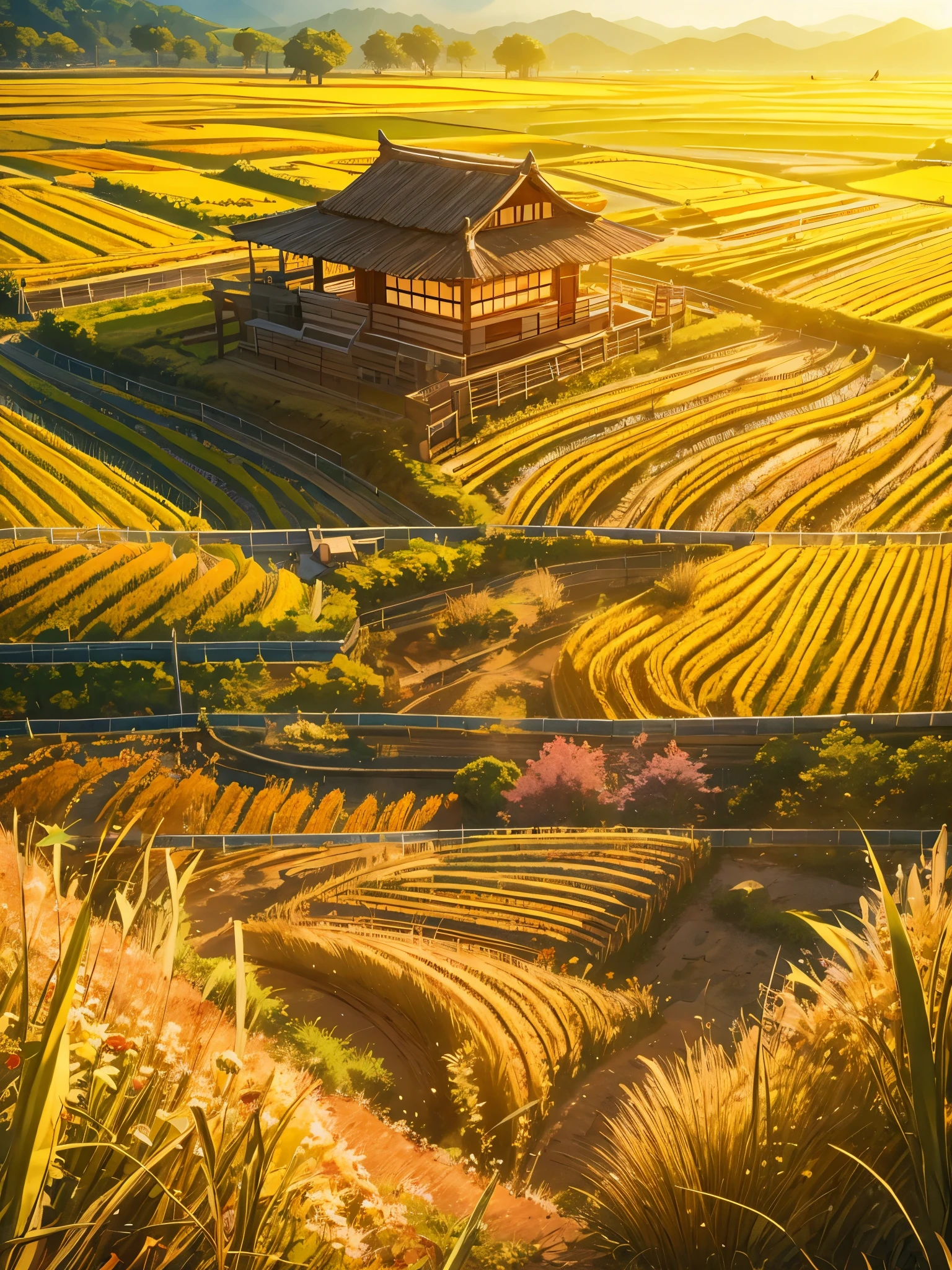（best quality，8k，high resolution，masterpiece），Super detailed，（1.4x more realism），summer,Sunlight,beautiful toddler,golden rice fields,golden color,hapiness,children&#39;s laughter,Children playing in the rice fields,Cicada chirping,Beautiful scenery,HDR,ultra high definition,studio lighting,Super fine,sharp focus,Rendering based on real objects,Extremely detailed description,major,Bright colors,blur background,Golden sunrise,peaceful,peaceful,golden light,golden hour,nature,nature之美