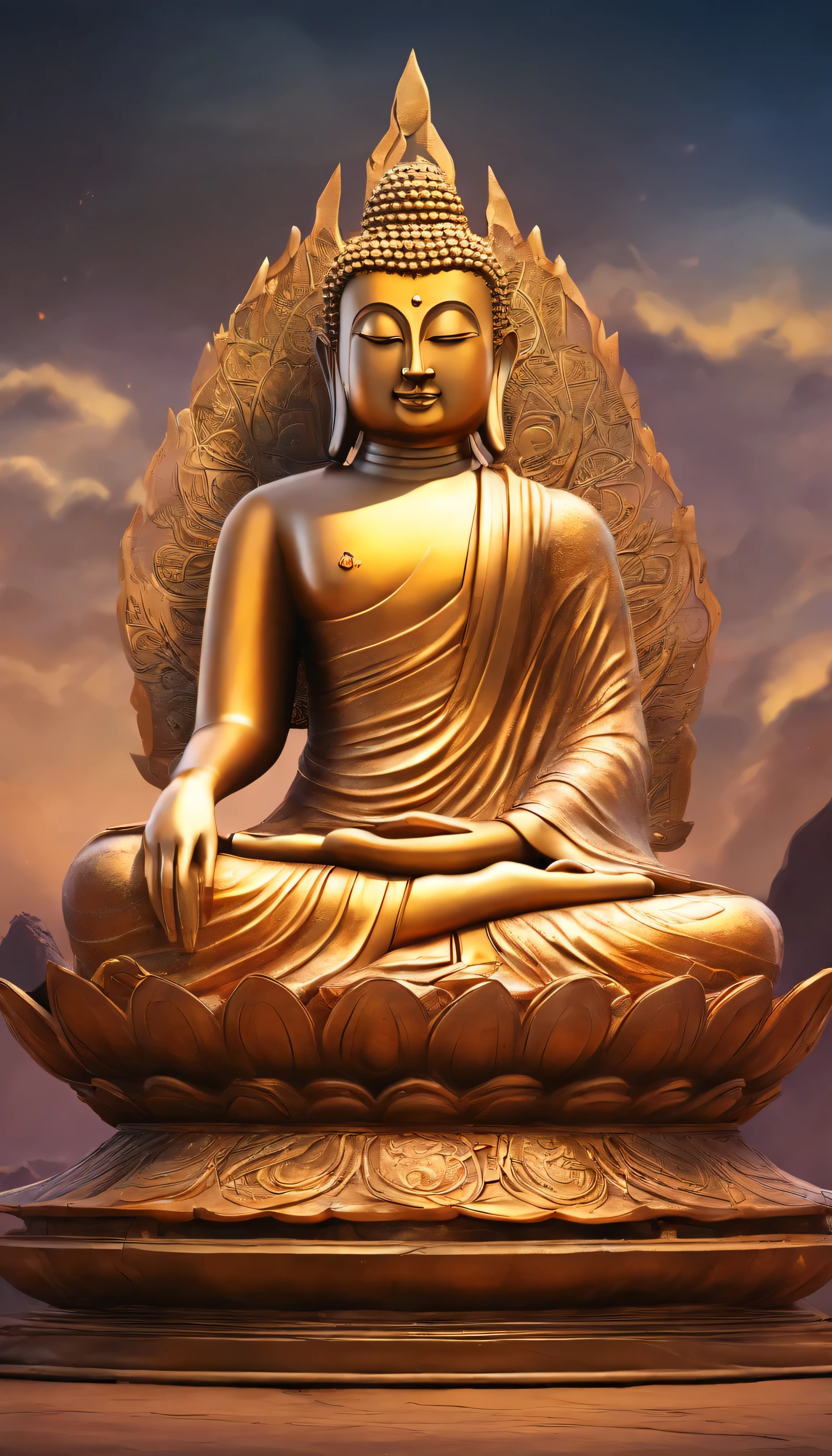 Buddha statue, stone, texture, expensive, majestic, The background is illuminated by sunlight