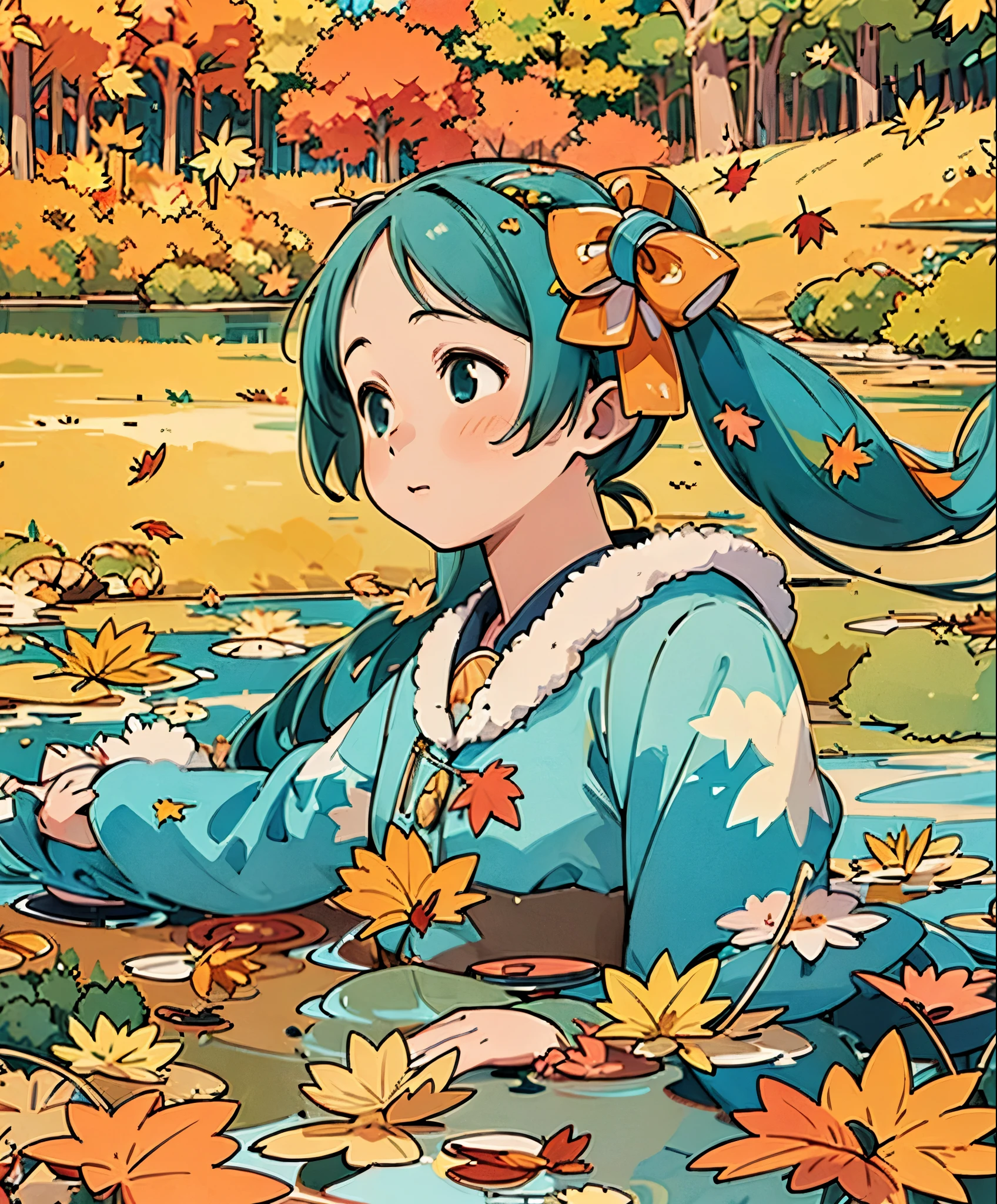 (masterpiece、highest quality、highest quality、official art、beautiful beautiful:1.2)、(1 girl:1.3)Hatsune Miku、twin tails, autumn, autumn leaves, dancing autumn leaves, Mountain, lake, autumn leaves reflected on the surface of the lake,