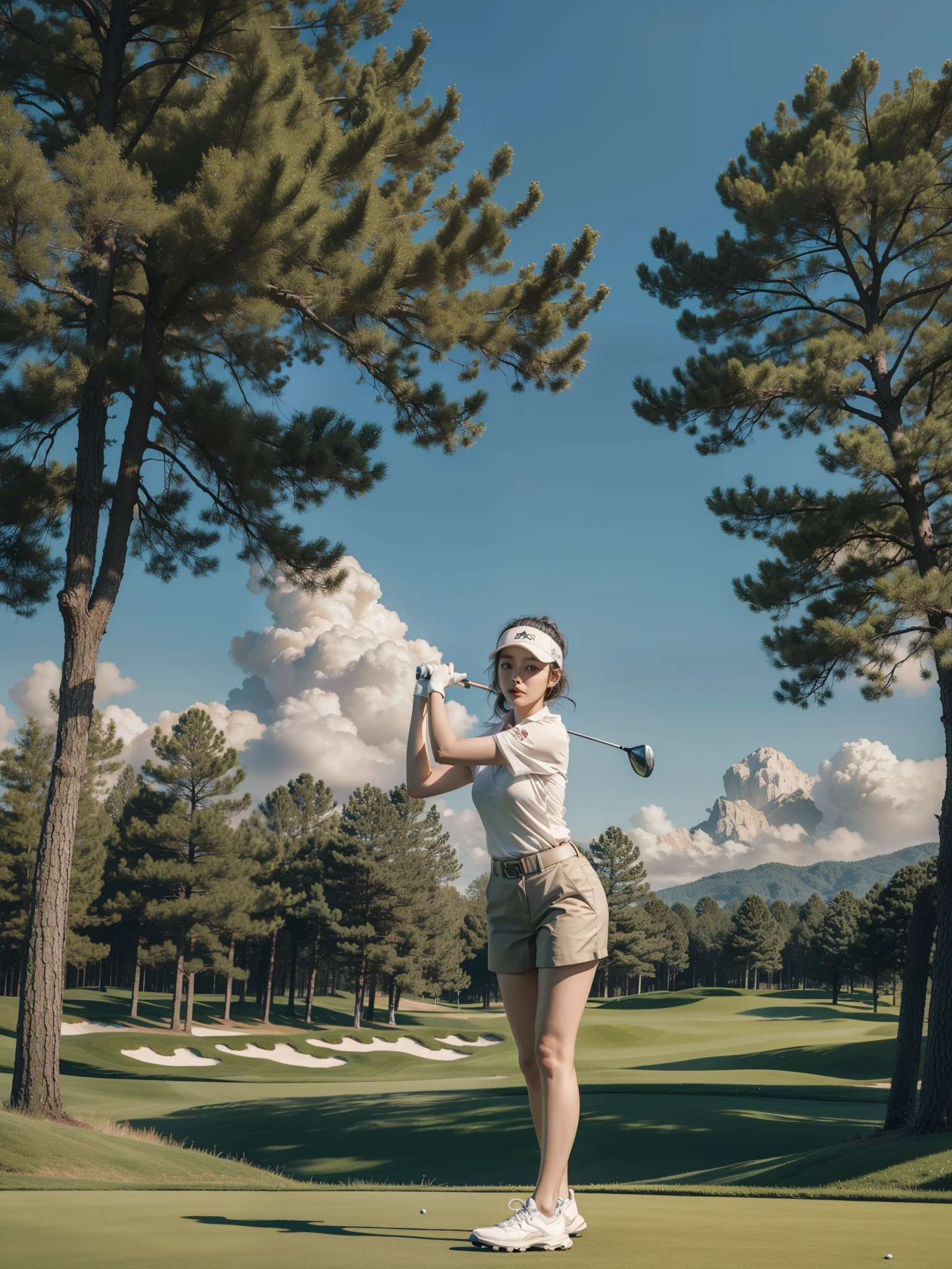 best quality, 4k, 8k, high resolution, masterpiece, ultra-detailed, photorealistic, korean woman in her 20s playing golf on a golf course, golf swing, beige golf clothing, blue sky and trees, golf field