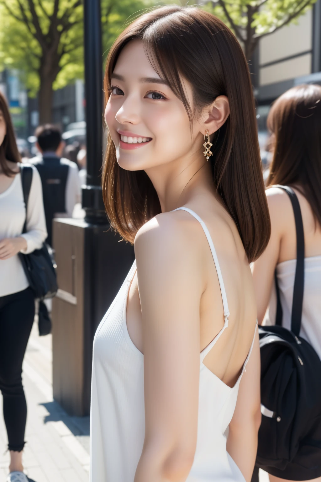 (8k、Raw photo、highest quality、Masseter muscle part:1.2)、super detailed、super resolution、(realistic、realistic pictures:1.37)、Portrait、High-definition RAW color photo、professional photography、hvery detailed and beautiful、very detailed、8k Wallpapers、amazingly detailed、huge file size、official art、Hvery detailed CG Unity 8k wallpapers、hvery detailed beautiful girl、very detailed顔、very detailed目、very detailed肌、very fine fingers、hvery detailed nose、very detailed詳細な口、perfect anatomy、hvery detailed back ground、Hvery detailed clothing、1 girl、(18:1.2)、teen、cute、famous japanese idol、cute、realistic body、、white skin、glowing skin、Because I&#39;m slender、handsome body、brown haired、straight long、laughter、cute、Zora々right、cute faces、lifelike face、delicate eyes、ordering sauce、one piece、earrings、looking at camera、cowboy shot、positive、Are standing, dynamic lighting, 2024, Clothes that are popular in spring, Tokyo, The background is Shibuya
