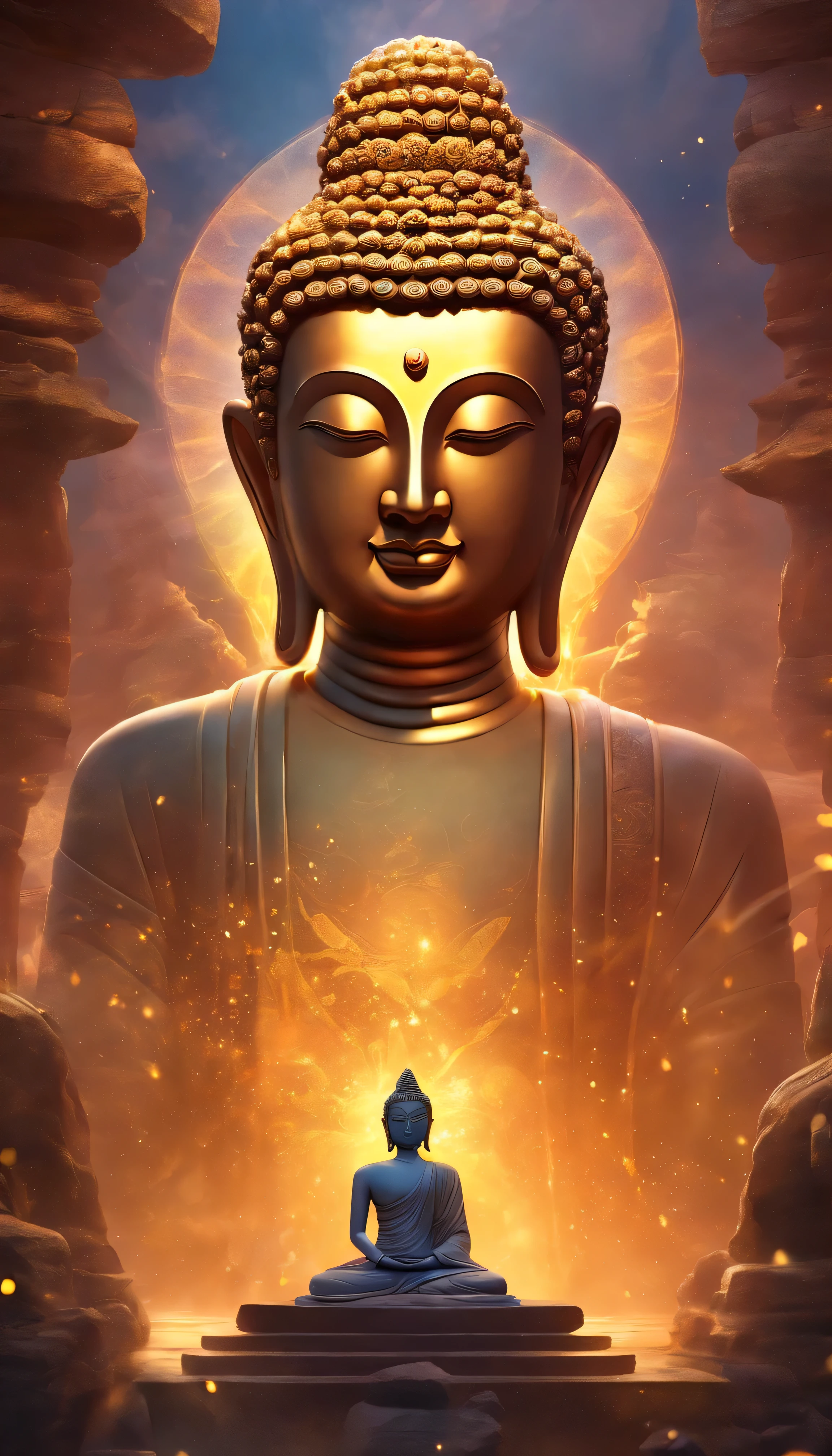 Buddha statue, stone, texture, expensive, majestic, The background is illuminated by sunlight